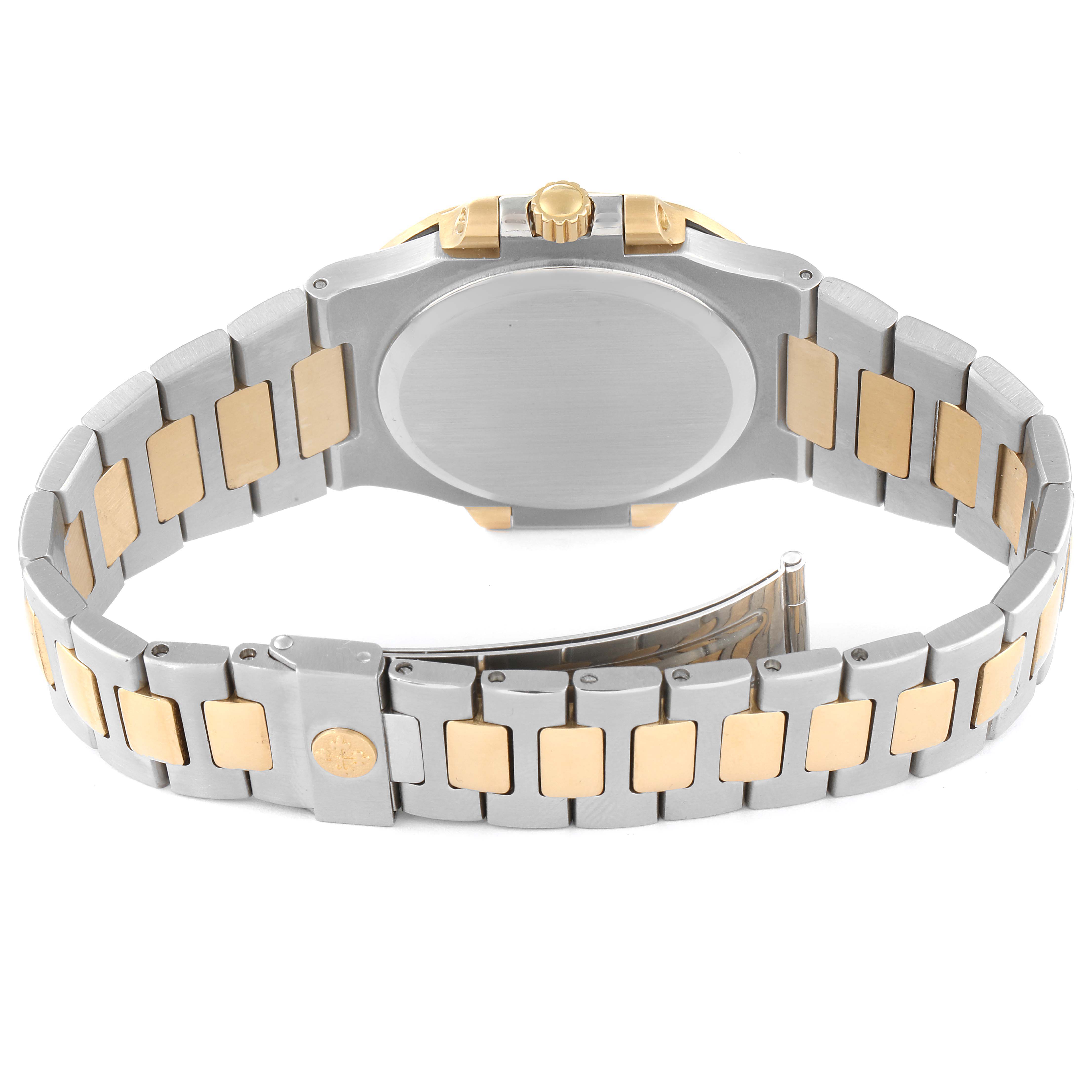 The image shows the back view of a Patek Philippe Nautilus 3800/1AJ Men's Steel and Gold (two tone) Champagne Dial 3800/1AJ Men's Steel and Gold (two tone) Champagne Dial watch, highlighting the bracelet, clasp, and case back.