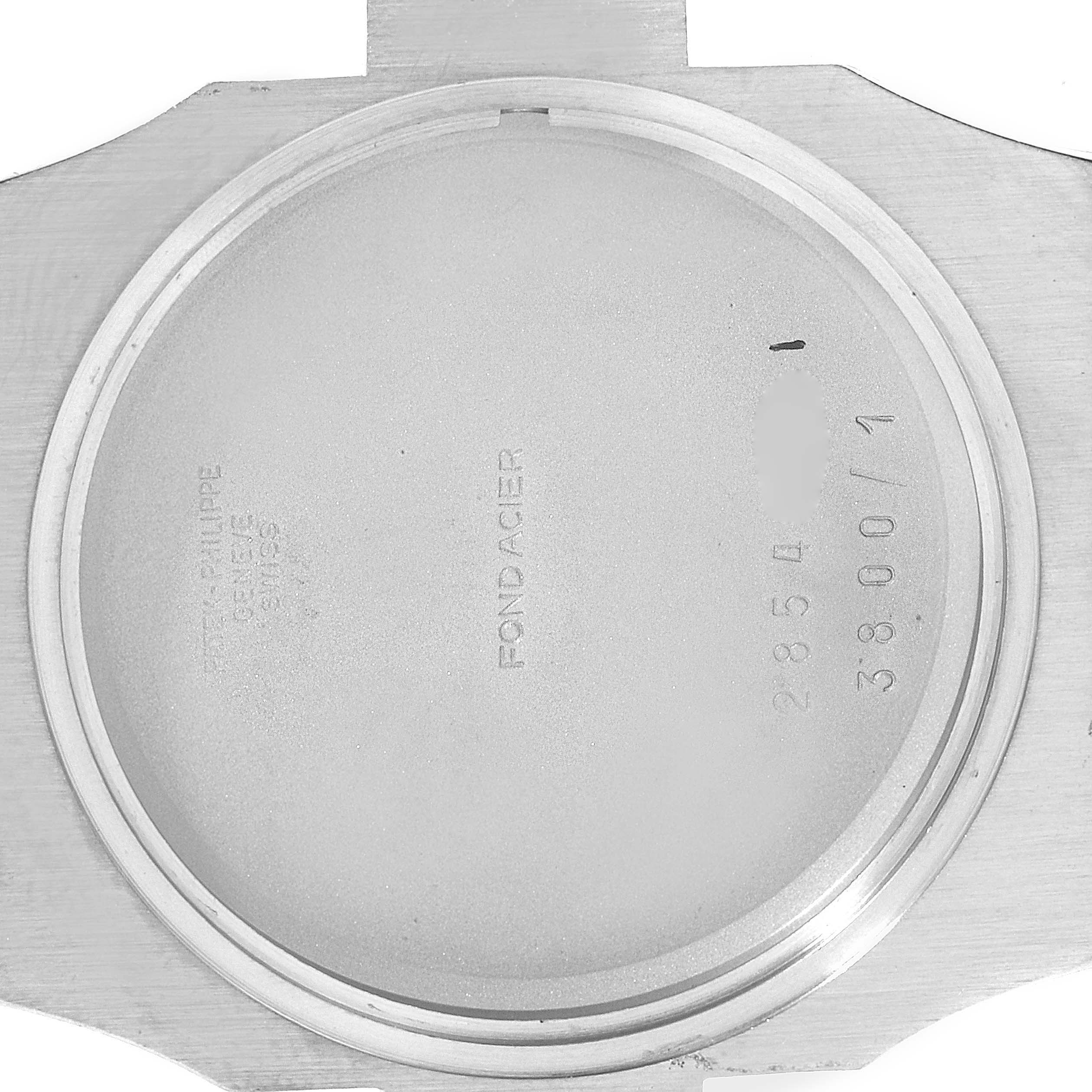 This image shows the inside of the case back of a Patek Philippe Nautilus 3800/1AJ Men's Steel and Gold (two tone) Champagne Dial 3800/1AJ Men's Steel and Gold (two tone) Champagne Dial watch, with model and serial numbers engraved.