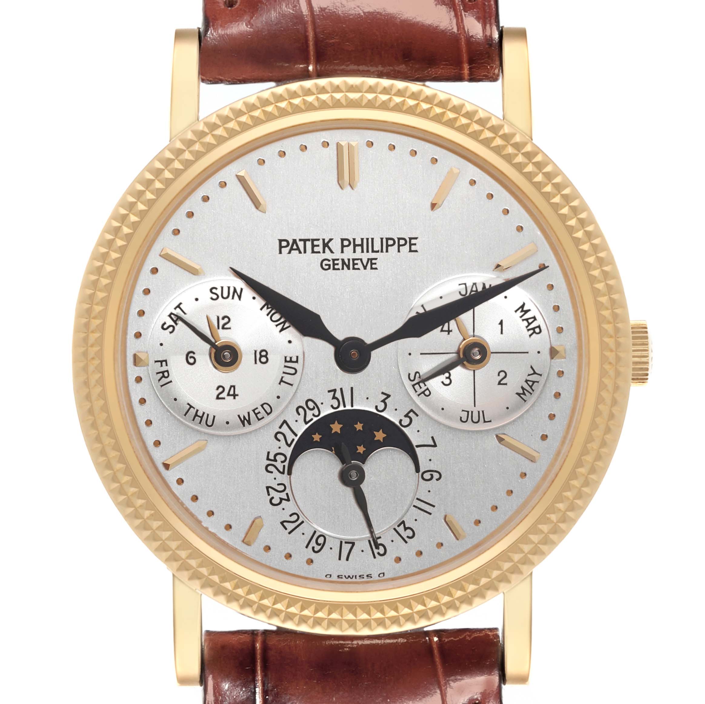 The Patek Philippe Complications 5039J-001 Men's Yellow Gold Silver Dial 5039J-001 Men's Yellow Gold Silver Dial watch is shown from the front, displaying its dial, subdials, and textured bezel.