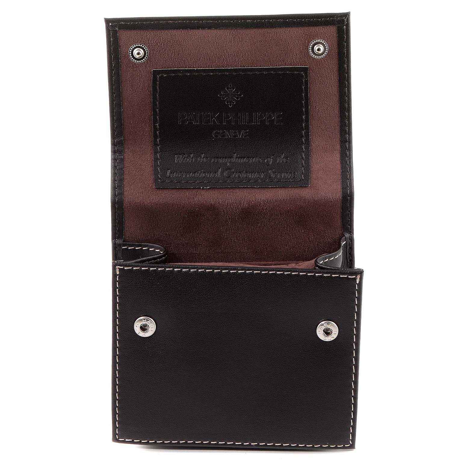 The image shows an open Patek Philippe Twenty-4 4910 Women's Stainless Steel Black Dial 4910 Women's Stainless Steel Black Dial watch case from a front angle.