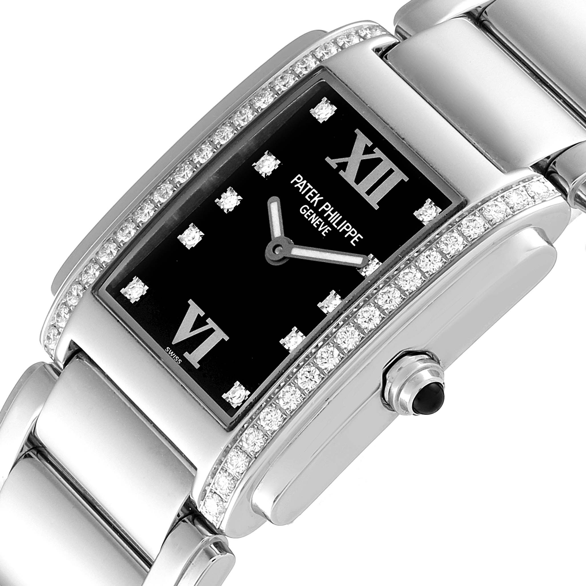 The image shows a close-up of a Patek Philippe Twenty-4 4910 Women's Stainless Steel Black Dial 4910 Women's Stainless Steel Black Dial watch, displaying the black dial, diamond markers, and part of the bracelet.
