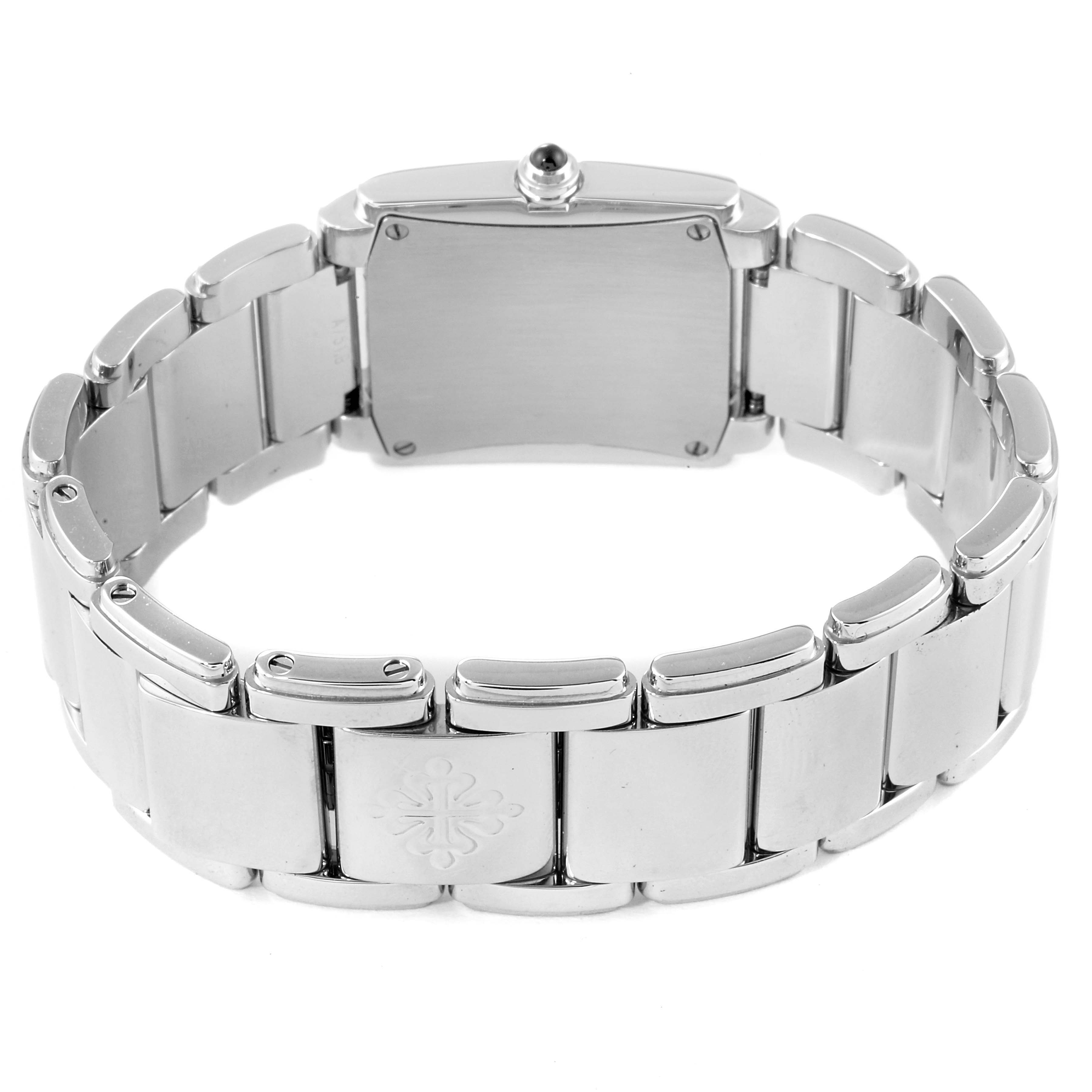 The image shows the back view of a Patek Philippe Twenty-4 4910 Women's Stainless Steel Black Dial 4910 Women's Stainless Steel Black Dial watch, highlighting the bracelet and clasp.