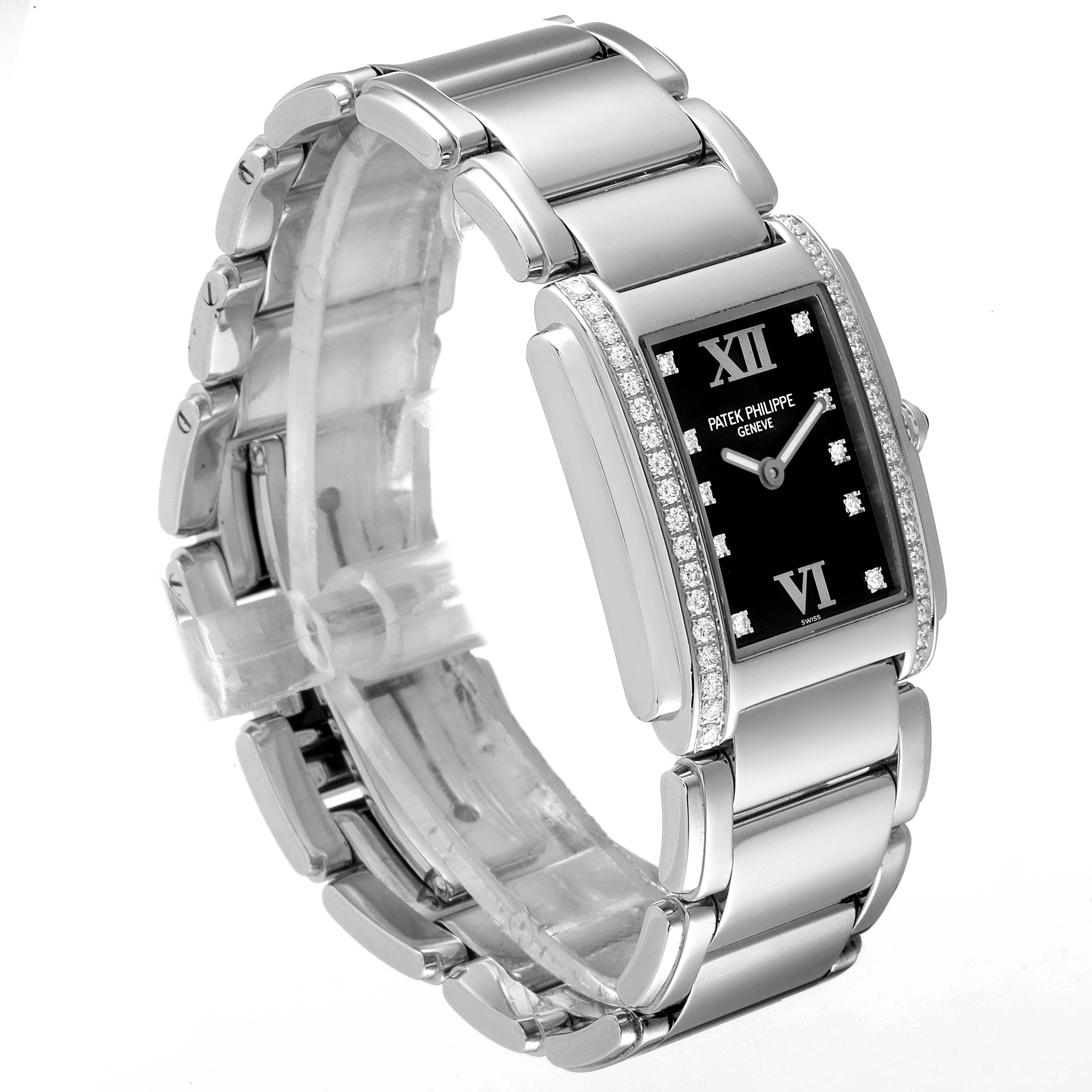 The image shows a Patek Philippe Twenty-4 4910 Women's Stainless Steel Black Dial 4910 Women's Stainless Steel Black Dial watch at a slight side angle, highlighting the bracelet, bezel, and dial.