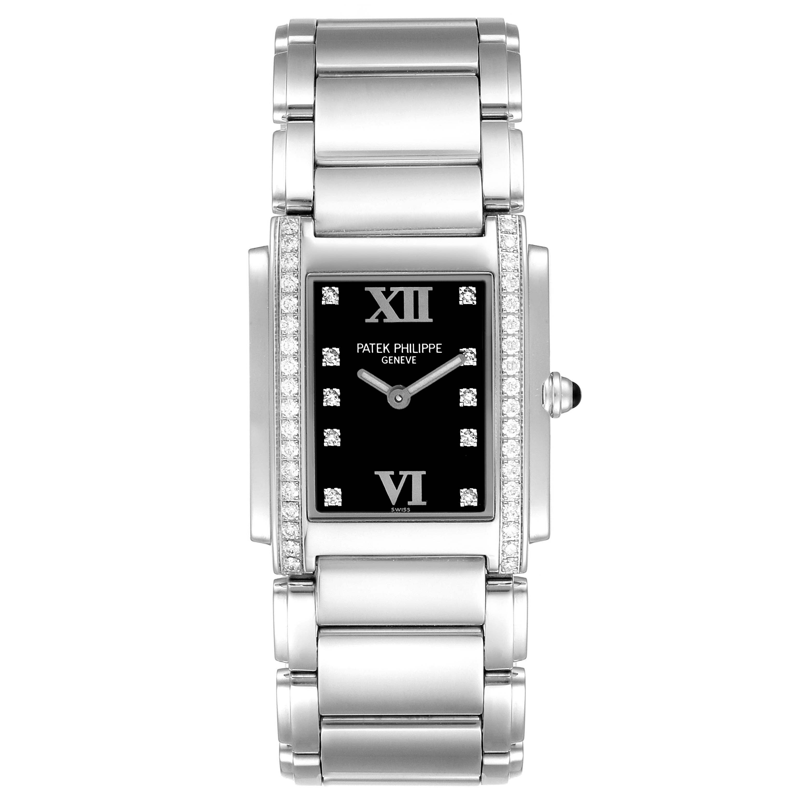 The image shows a front view of a Patek Philippe Twenty-4 4910 Women's Stainless Steel Black Dial 4910 Women's Stainless Steel Black Dial watch, highlighting its rectangular dial and bracelet.
