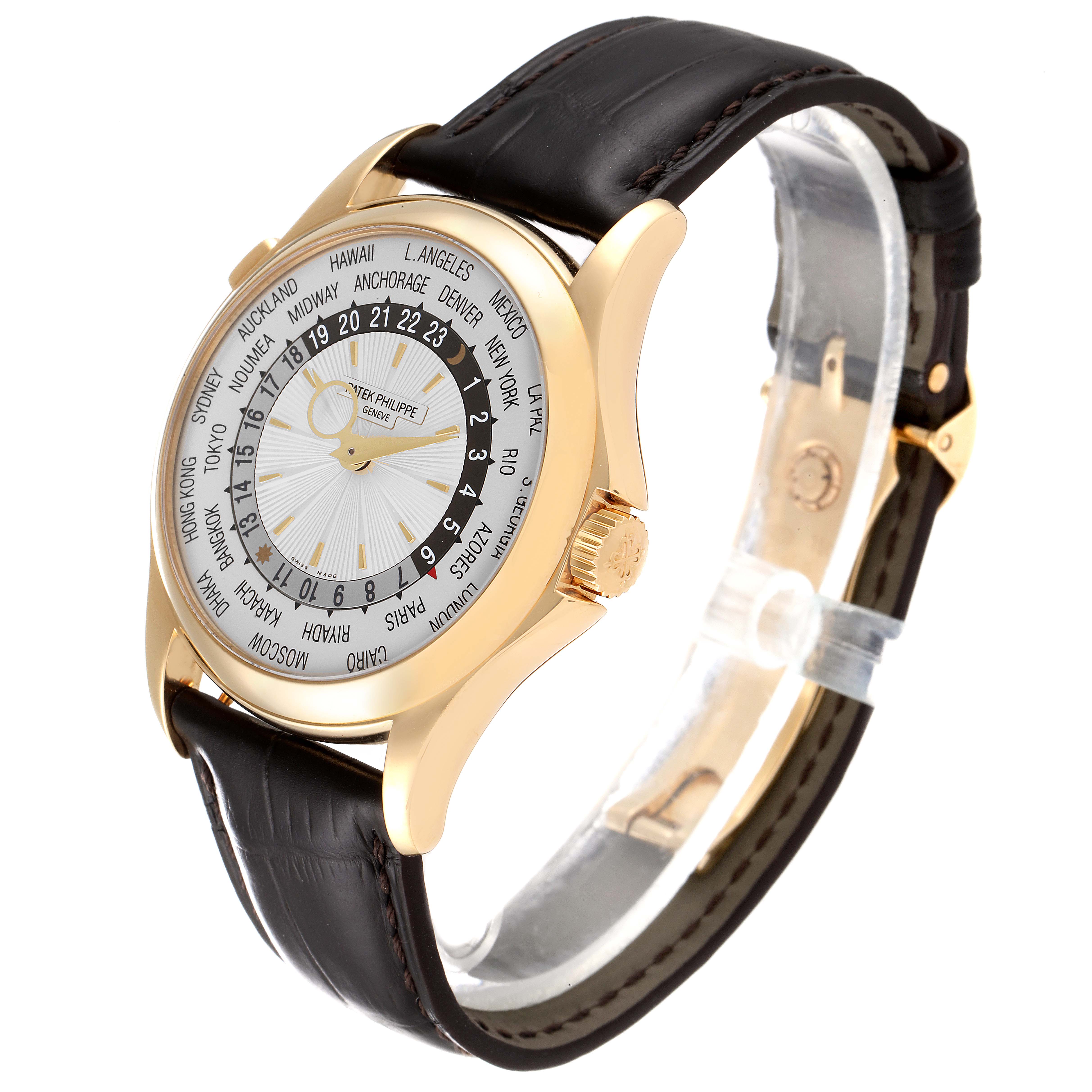 This is a side-angle view of a Patek Philippe Complications 5130J Men's Yellow Gold Silver Dial 5130J Men's Yellow Gold Silver Dial model watch, displaying the dial, crown, and leather strap.