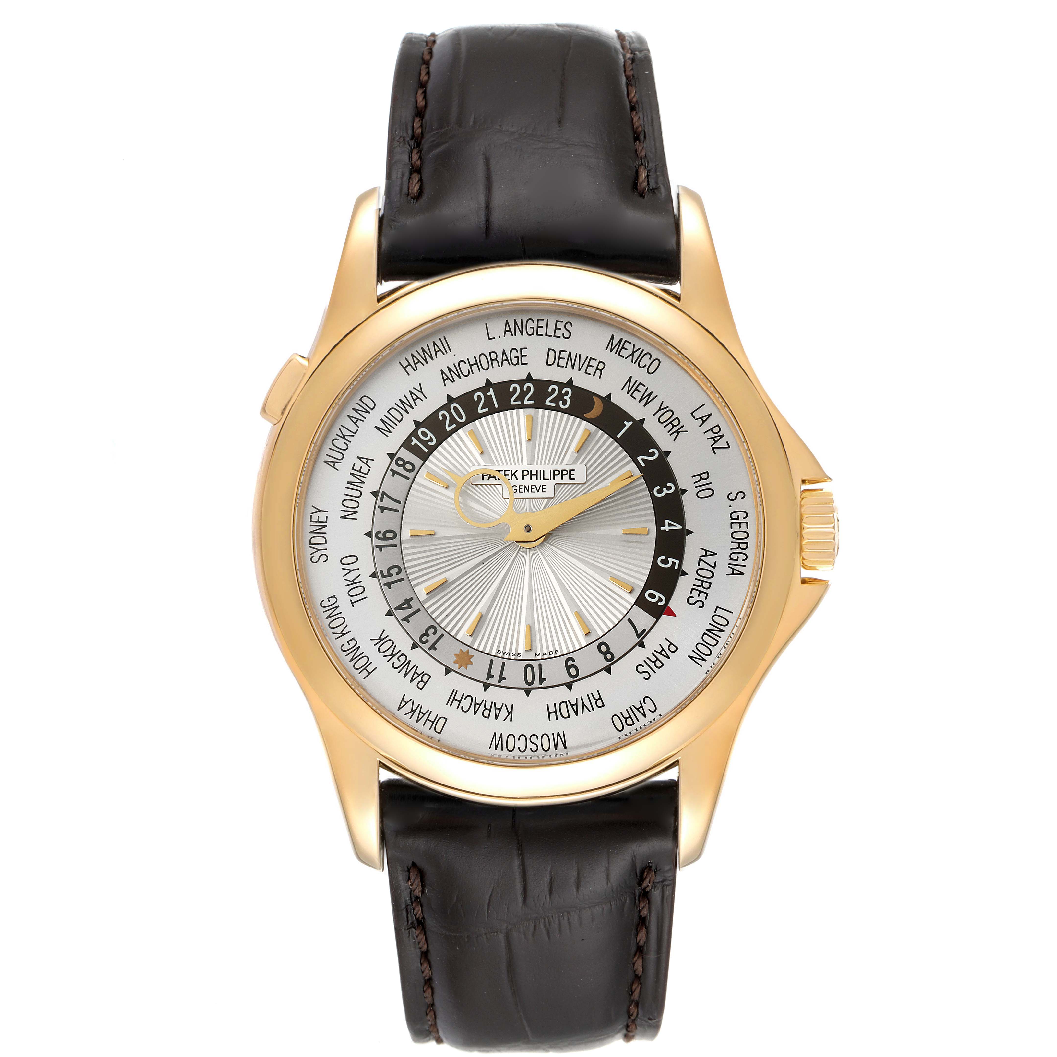 This Patek Philippe Complications 5130J Men's Yellow Gold Silver Dial 5130J Men's Yellow Gold Silver Dial model watch is shown from a front angle, highlighting its face, bezel, and leather strap.