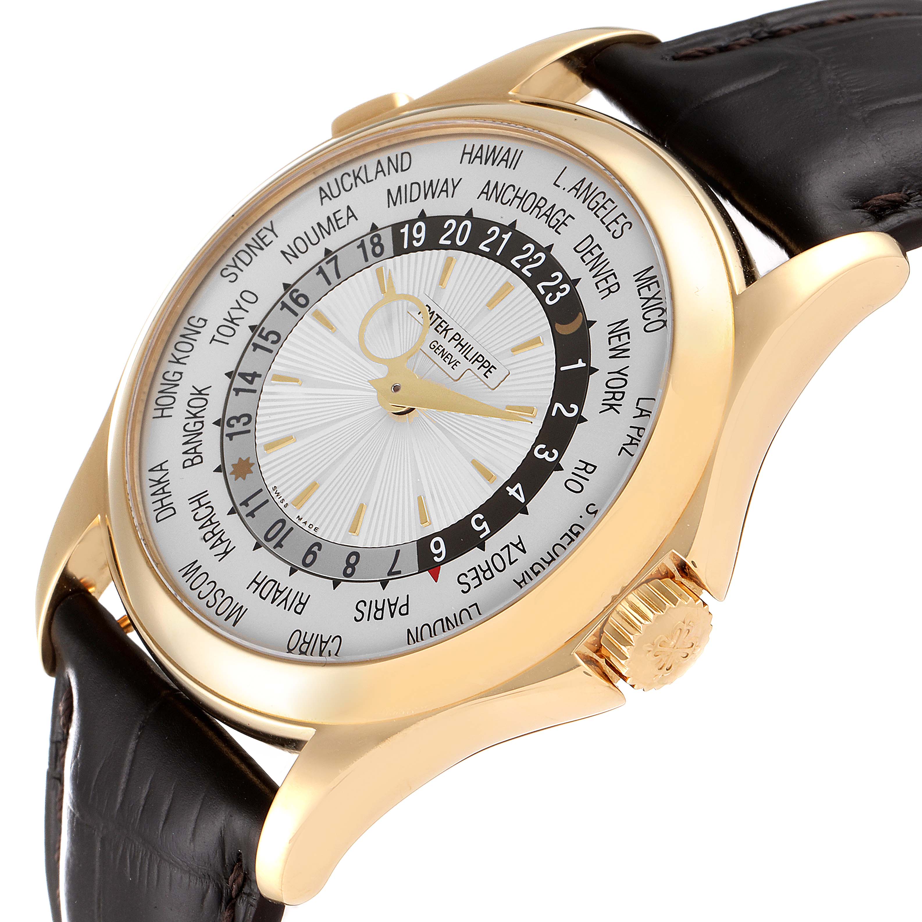 The image shows a Patek Philippe Complications 5130J Men's Yellow Gold Silver Dial 5130J Men's Yellow Gold Silver Dial watch at an angle highlighting the face, crown, and leather strap.