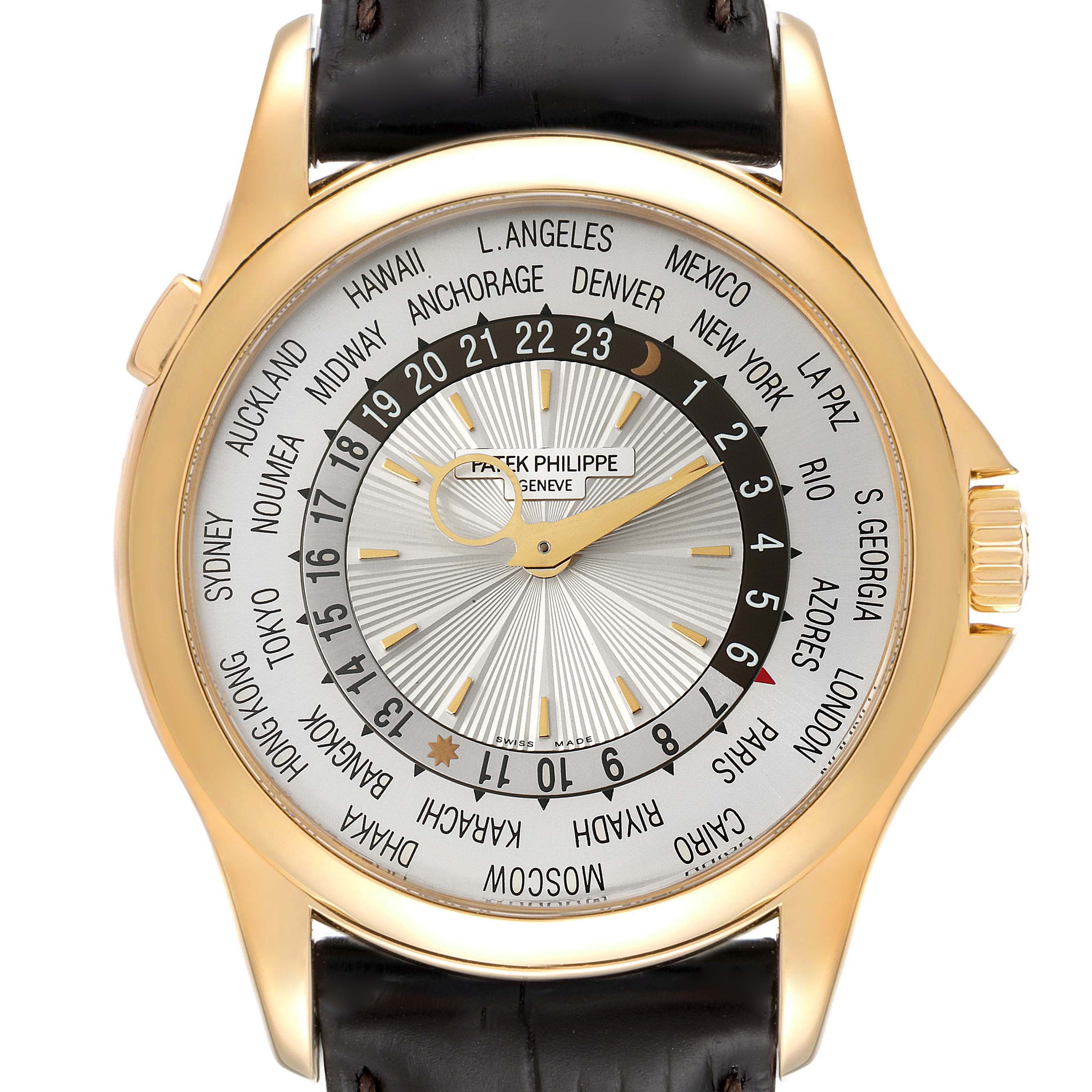 This image shows the front view of a Patek Philippe Complications 5130J Men's Yellow Gold Silver Dial 5130J Men's Yellow Gold Silver Dial watch, highlighting its dial with multiple city names for world time zones.