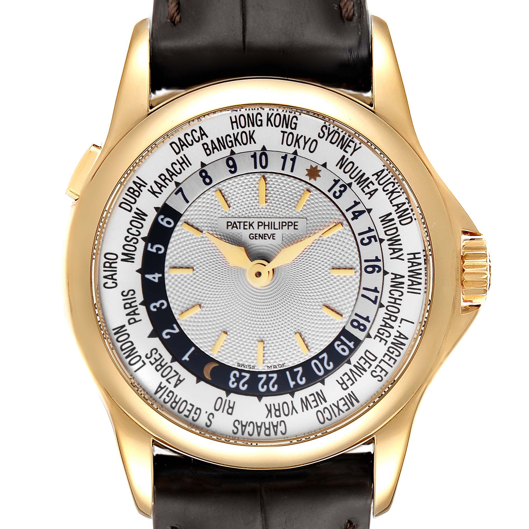 The image shows a front view of the Patek Philippe Complications 5110J Men's Yellow Gold Silver Dial 5110J Men's Yellow Gold Silver Dial model watch, highlighting the dial, city names, and time markers.