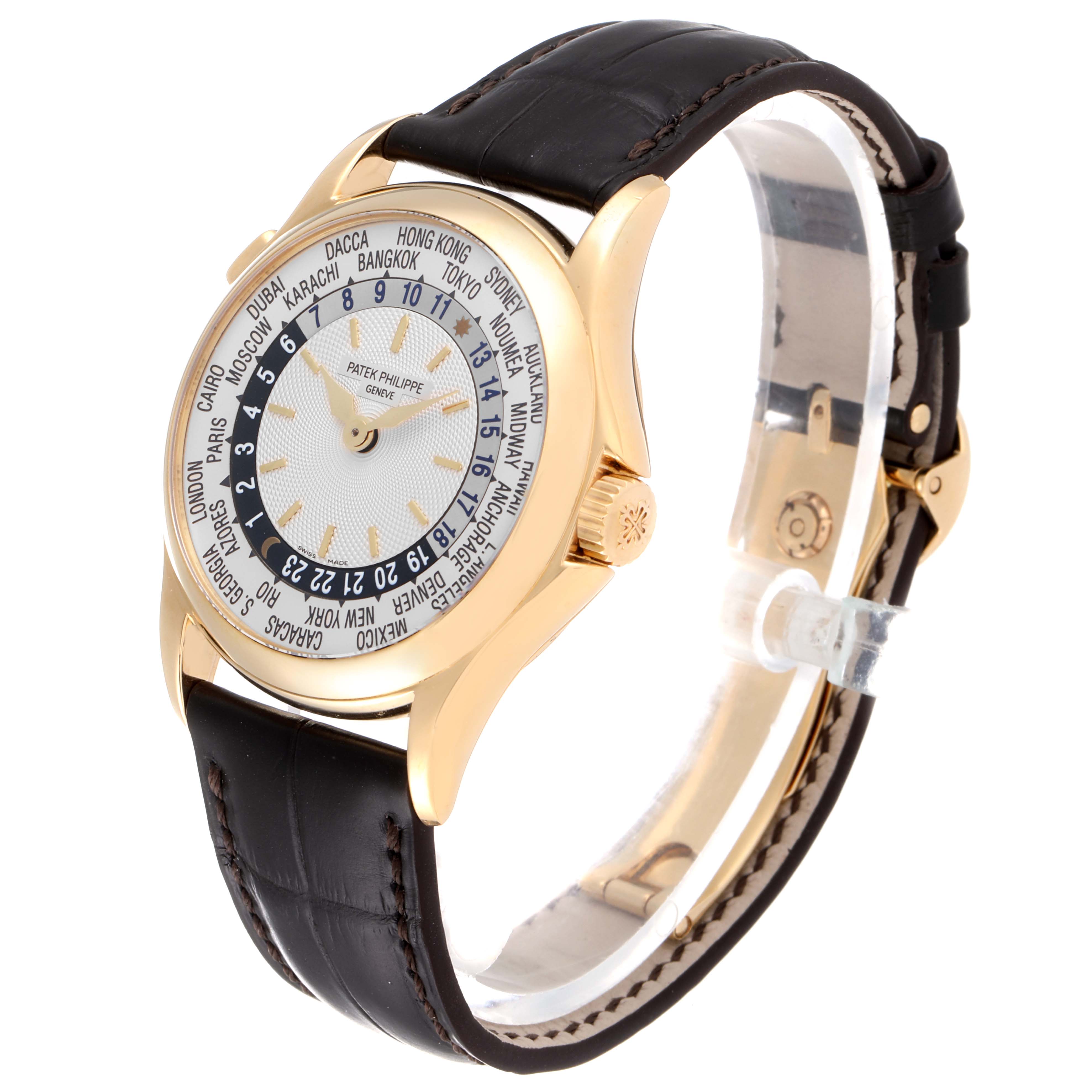 The image shows a Patek Philippe Complications 5110J Men's Yellow Gold Silver Dial 5110J Men's Yellow Gold Silver Dial model watch from a front angle, highlighting the dial, case, and leather strap.