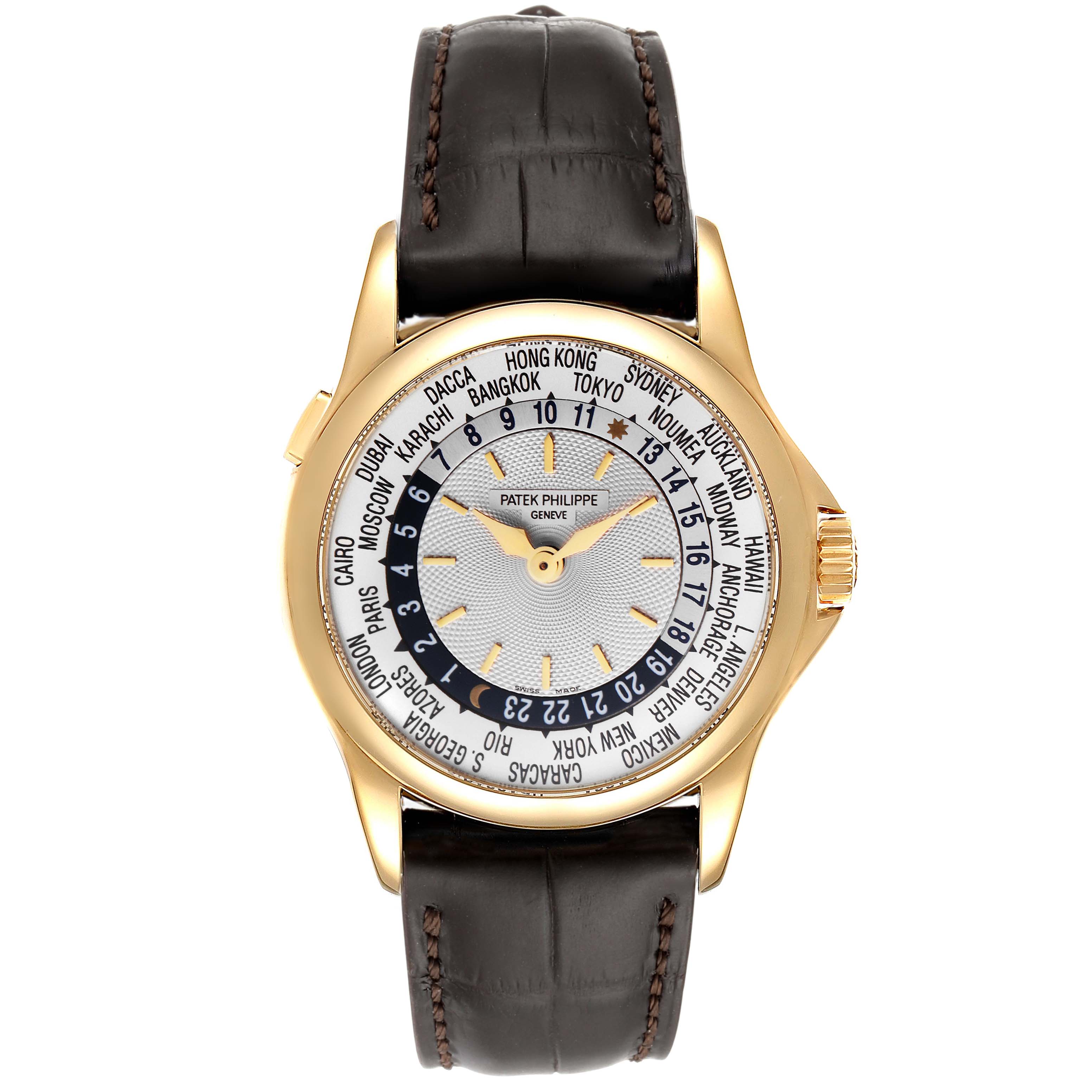 The image shows a front view of a Patek Philippe Complications 5110J Men's Yellow Gold Silver Dial 5110J Men's Yellow Gold Silver Dial model watch with a black leather strap and gold casing.
