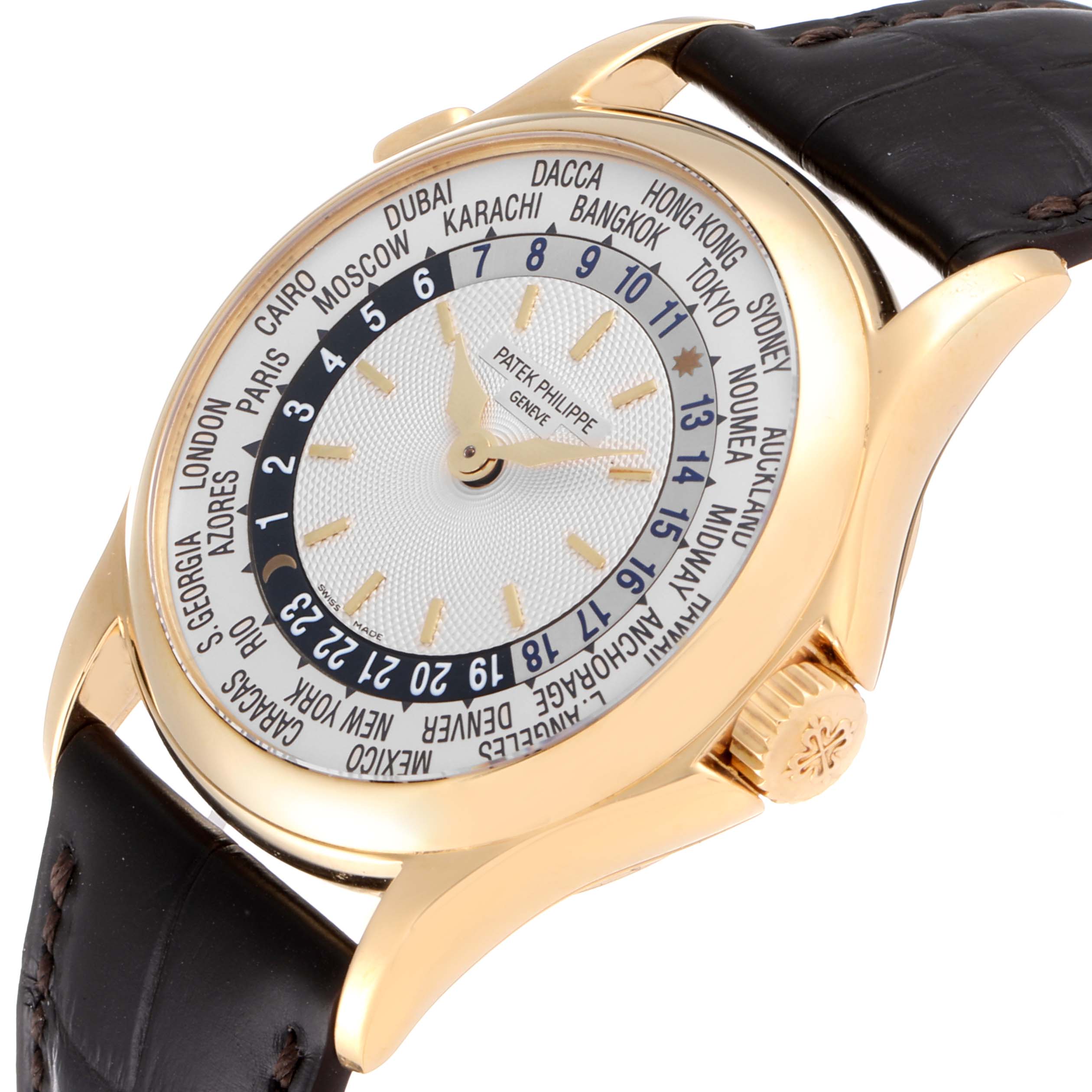The image shows a Patek Philippe Complications 5110J Men's Yellow Gold Silver Dial 5110J Men's Yellow Gold Silver Dial model watch at an angled close-up, highlighting the face, bezel, and leather strap.