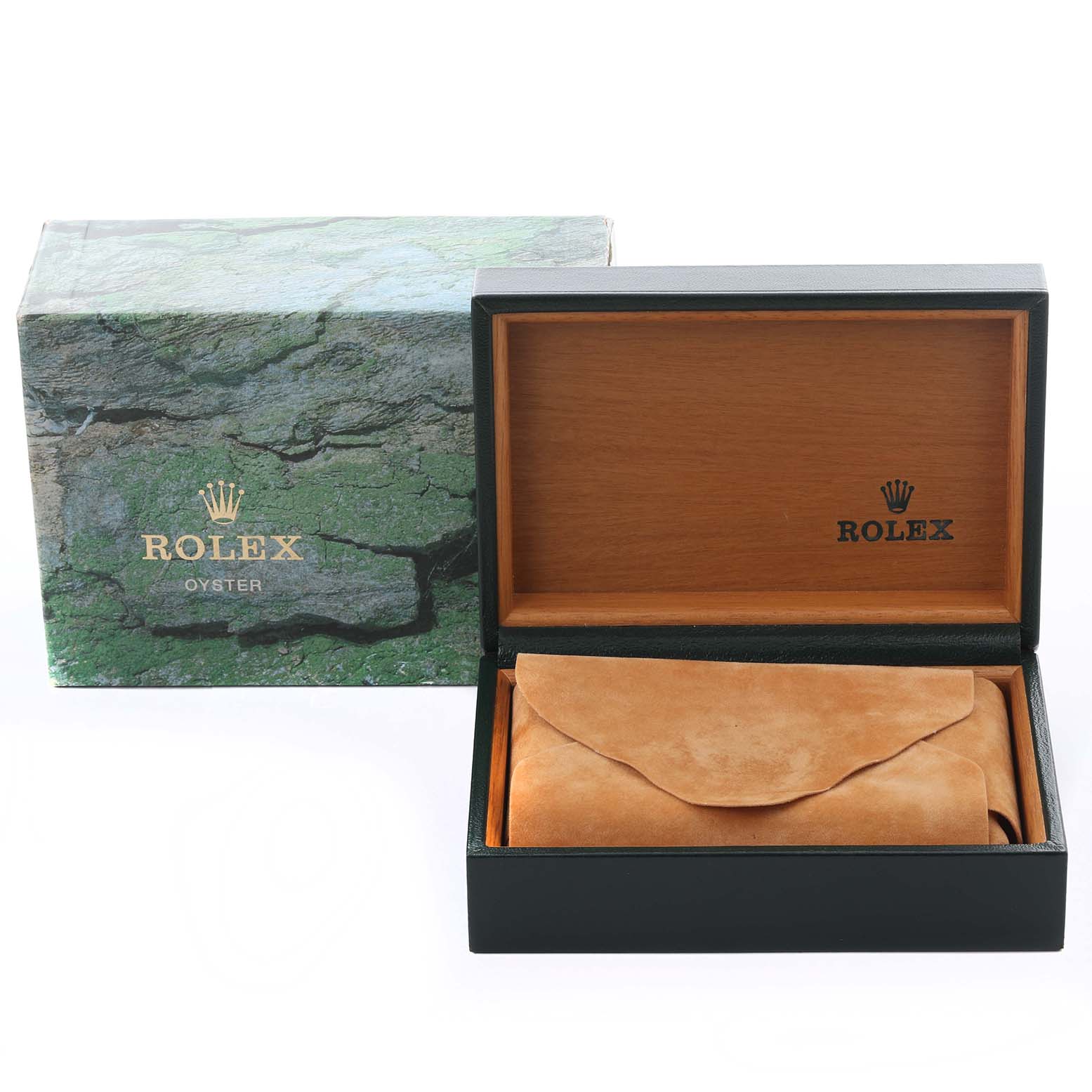 The image shows a Rolex Air-King 14010 Men's Stainless Steel Black Dial 14010 Men's Stainless Steel Black Dial box and packaging, including an open wooden case with a suede pouch inside.