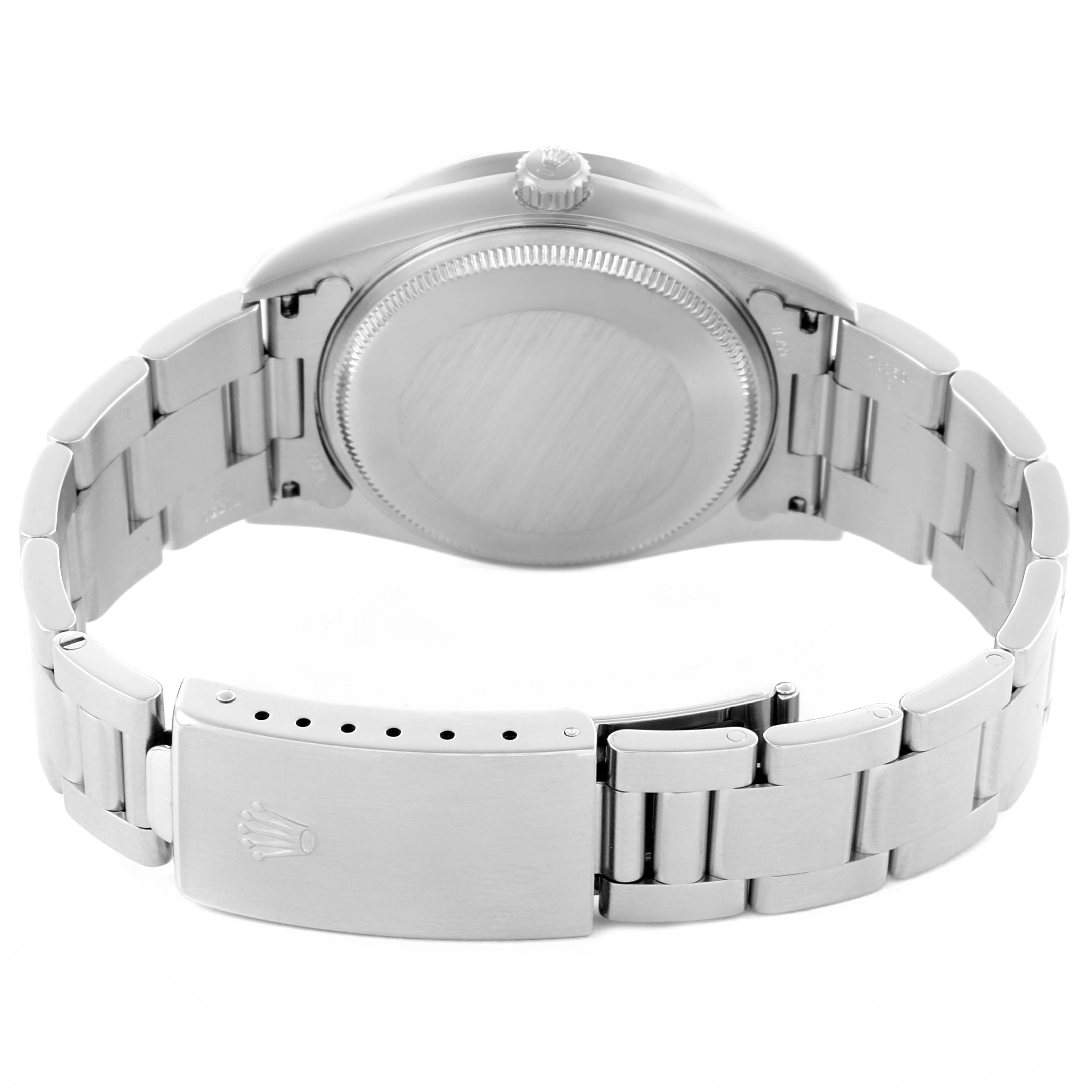 The image shows the back case and bracelet of a Rolex Air-King 14010 Men's Stainless Steel Black Dial 14010 Men's Stainless Steel Black Dial watch from a rear angle.