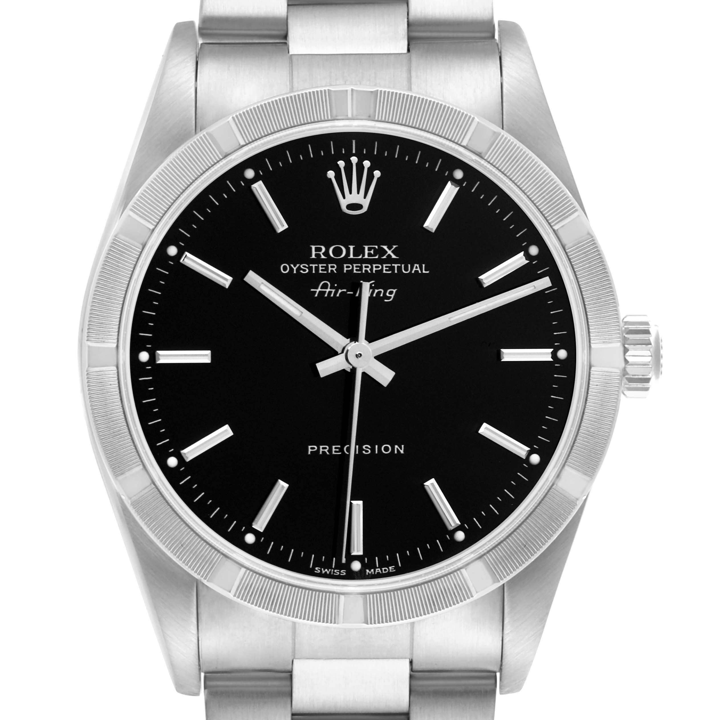 The image shows a front view of a Rolex Air-King 14010 Men's Stainless Steel Black Dial 14010 Men's Stainless Steel Black Dial watch, displaying its face, bezel, crown, and part of the bracelet.