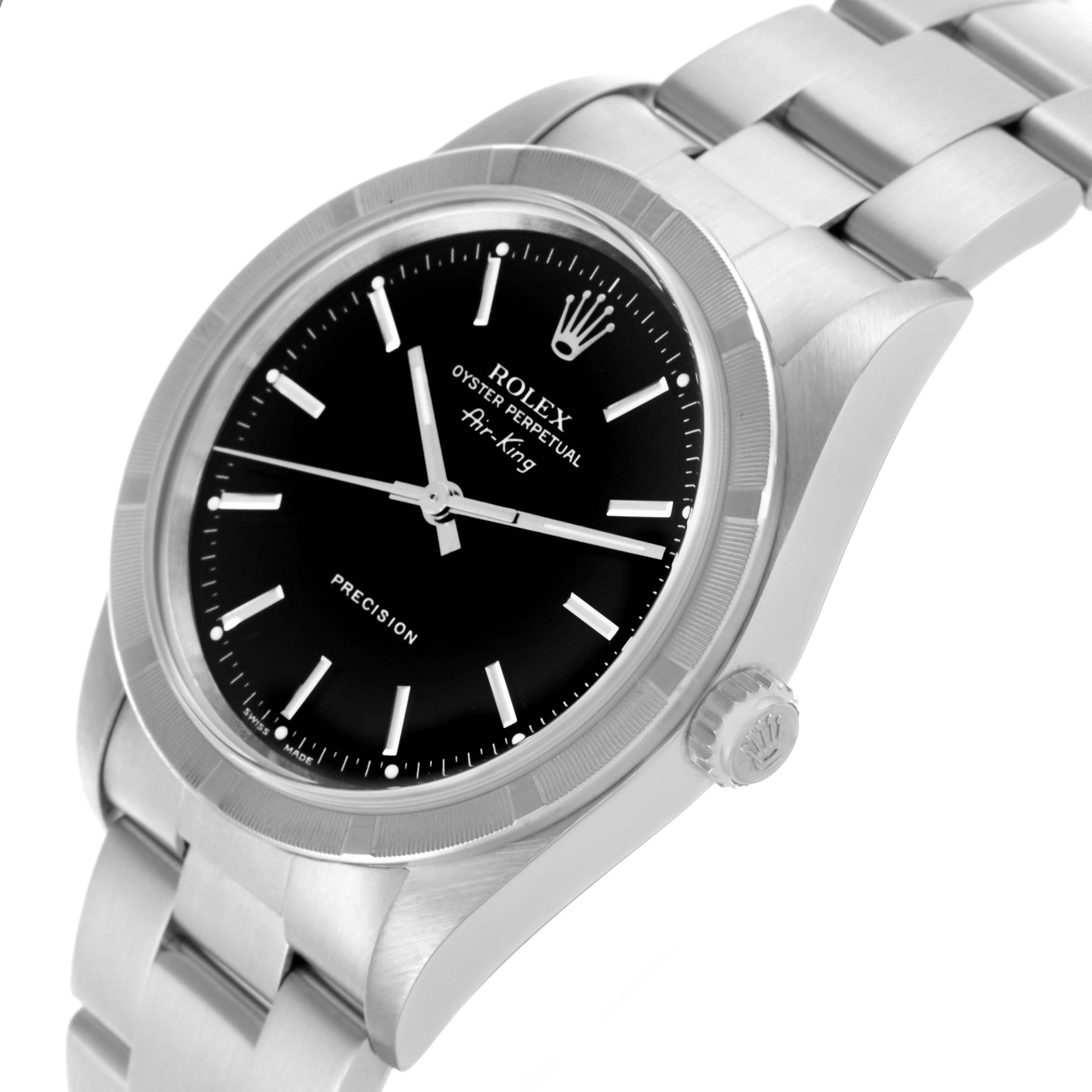 The Rolex Air-King 14010 Men's Stainless Steel Black Dial 14010 Men's Stainless Steel Black Dial watch is shown at an angled view highlighting the black dial, bezel, crown, and stainless steel bracelet.