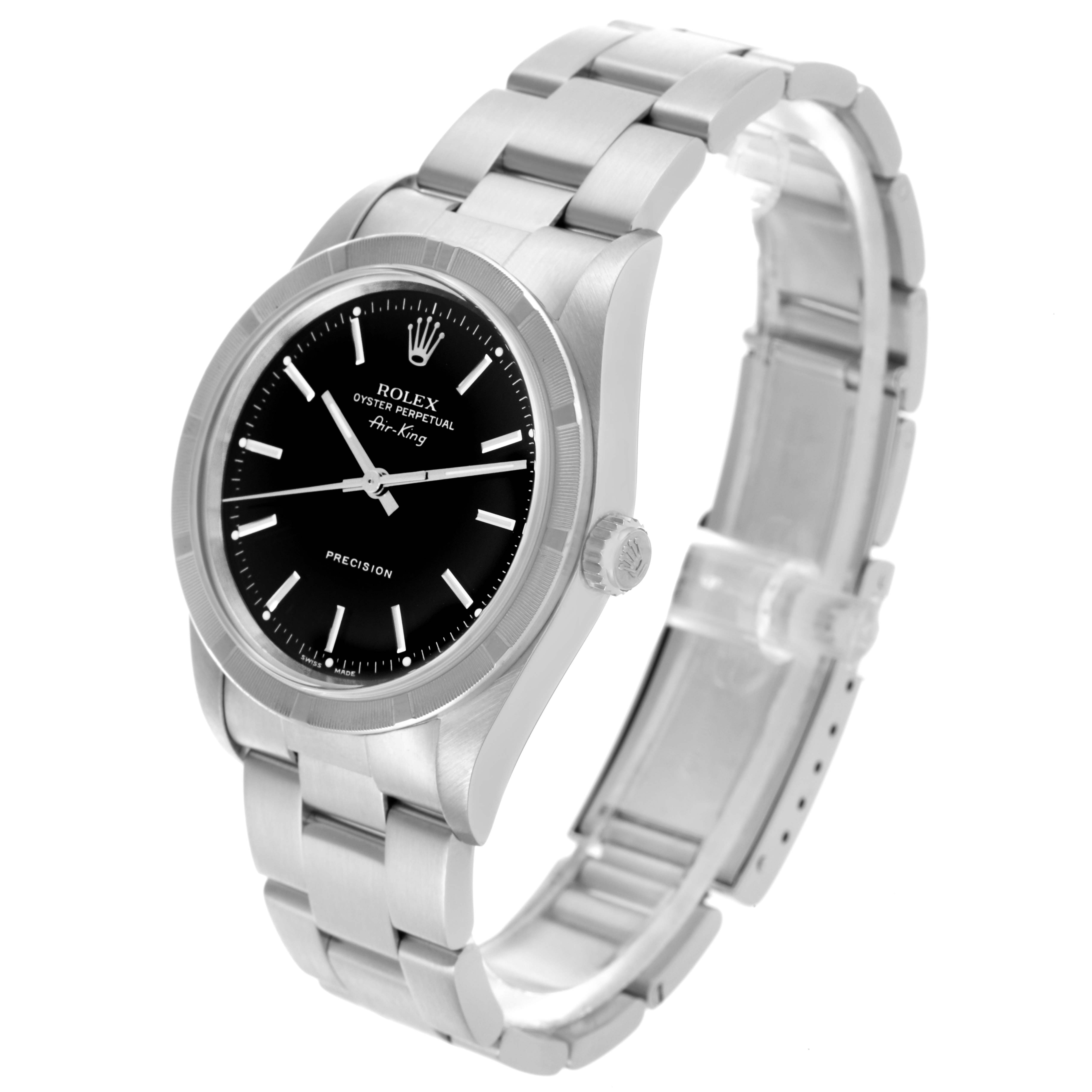 The Rolex Air-King 14010 Men's Stainless Steel Black Dial 14010 Men's Stainless Steel Black Dial watch is shown from an oblique angle, highlighting the face, bezel, crown, and bracelet.