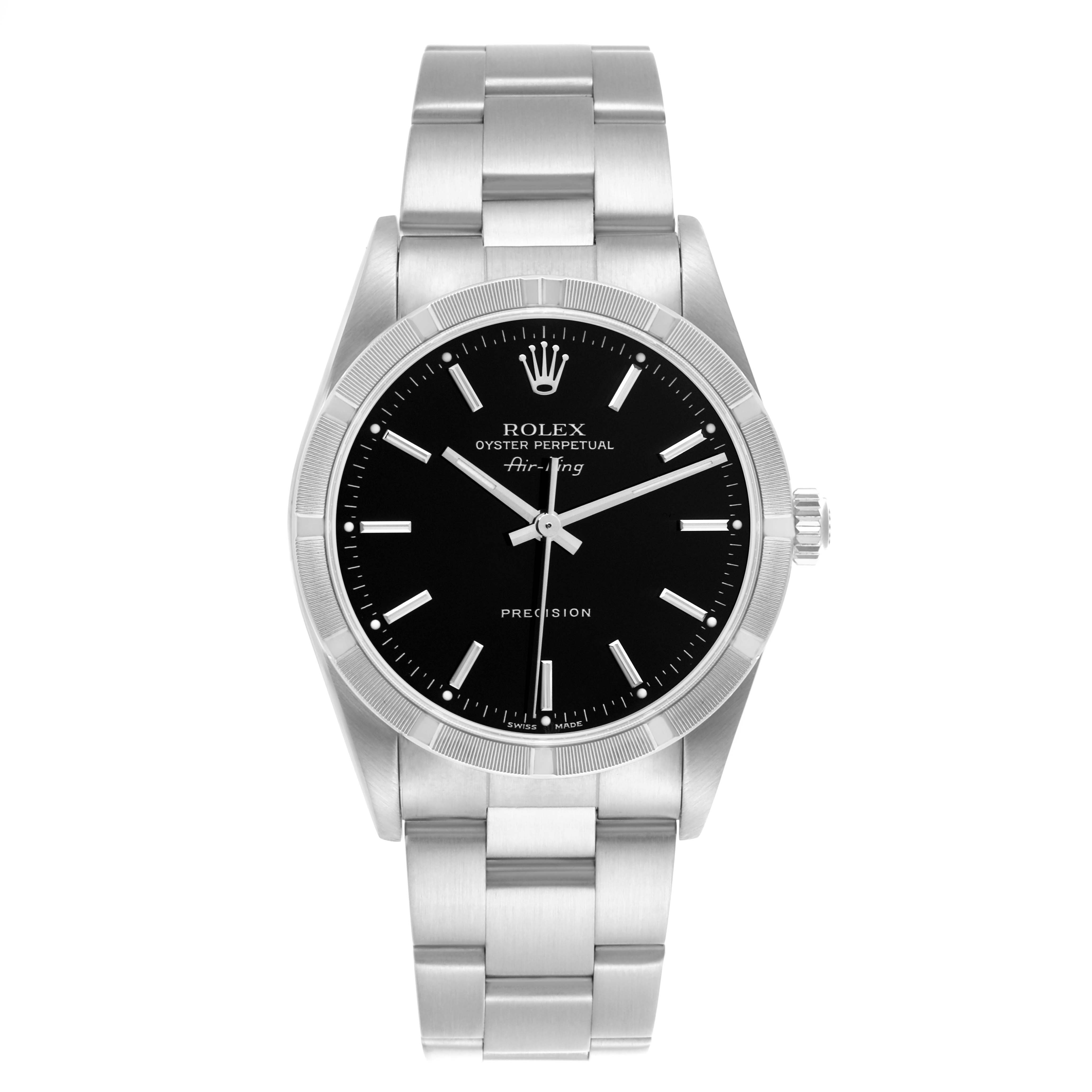 The Rolex Air-King 14010 Men's Stainless Steel Black Dial 14010 Men's Stainless Steel Black Dial watch is shown from a front angle, displaying the dial, hands, bezel, and bracelet.