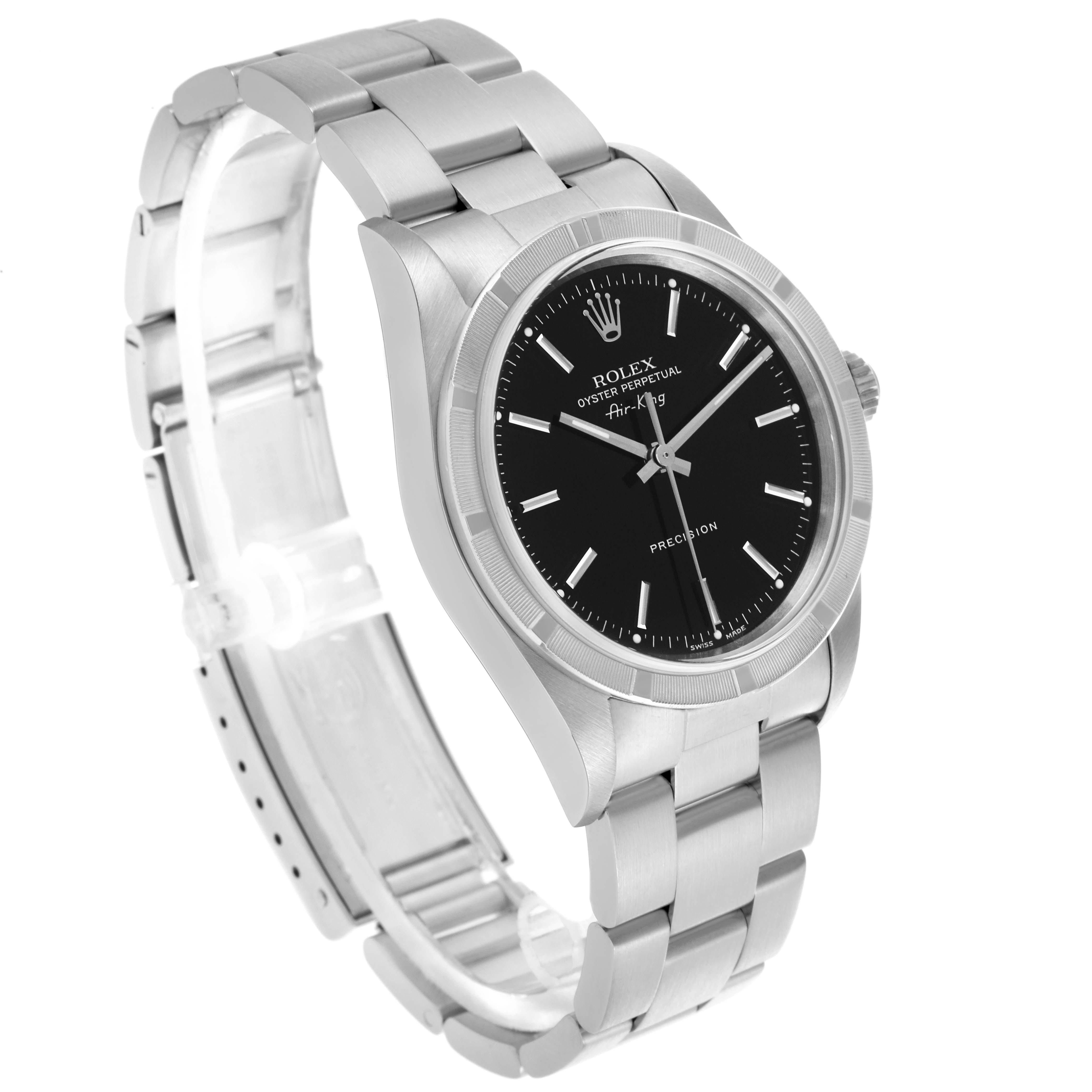 The Rolex Air-King 14010 Men's Stainless Steel Black Dial 14010 Men's Stainless Steel Black Dial watch is shown at a three-quarter angle, displaying the face, bezel, case, and bracelet.