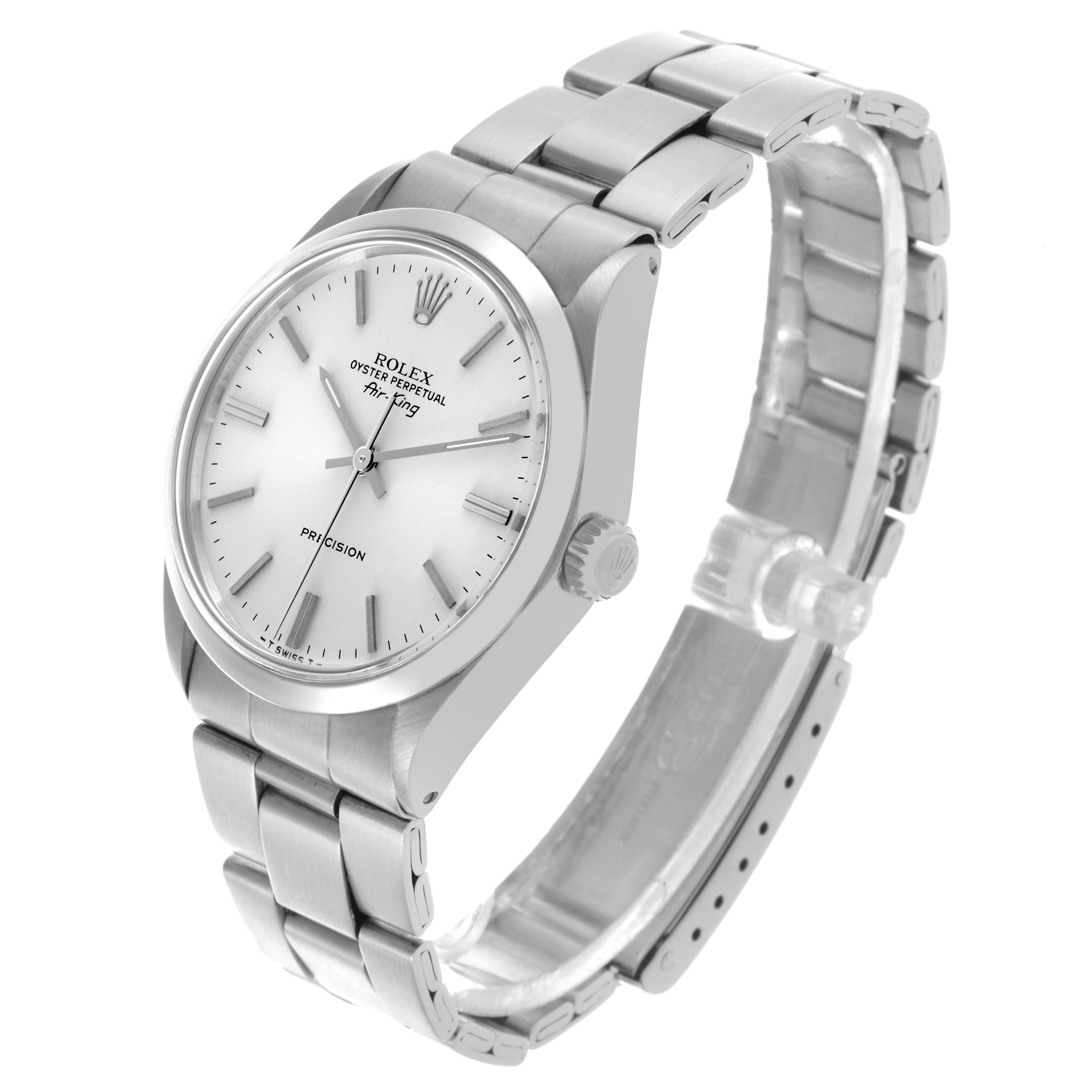 The Rolex Vintage Collection 5500 Men's Stainless Steel Silver Dial 5500 Men's Stainless Steel Silver Dial watch is shown at an angled side view, highlighting the dial, bezel, bracelet, and crown.