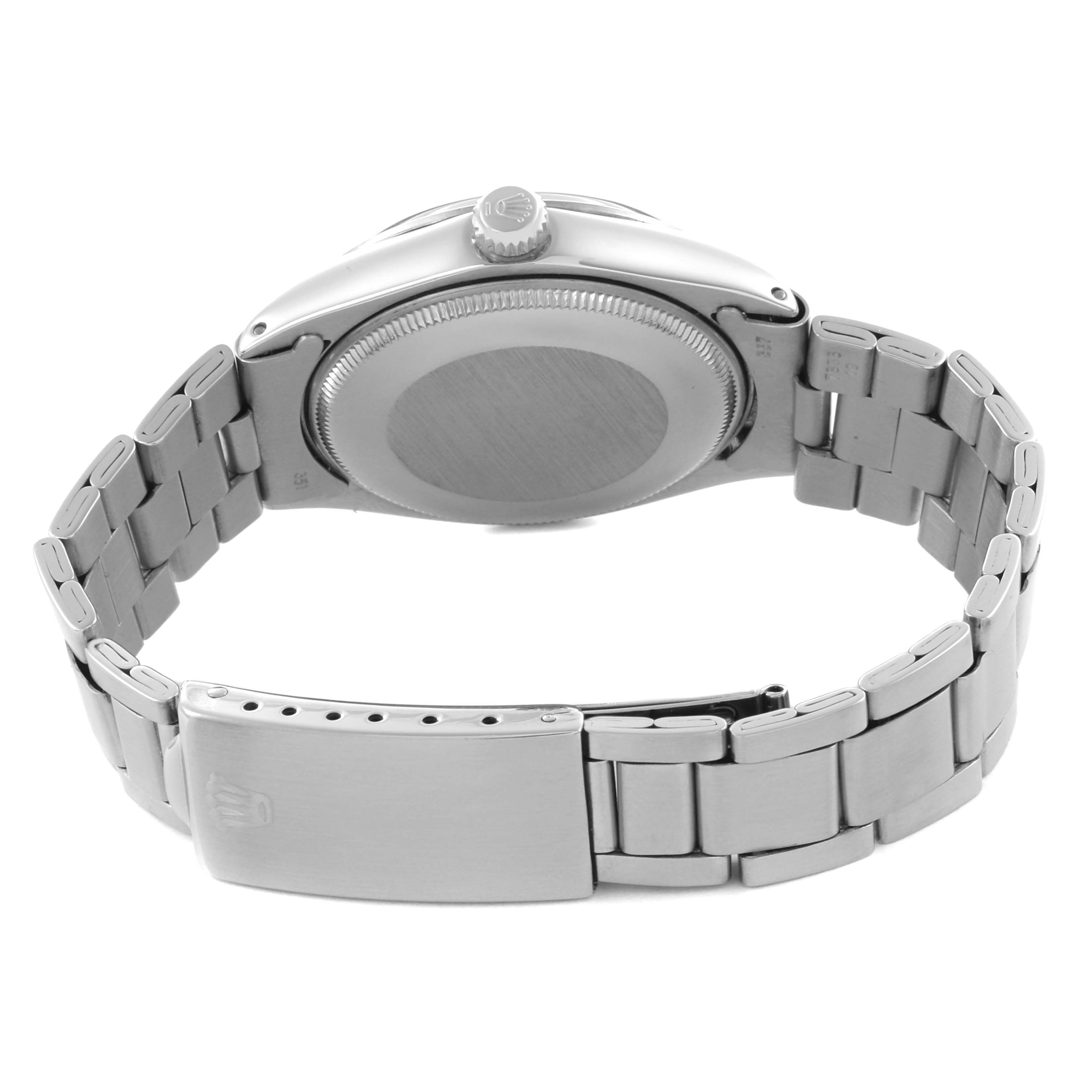 The image shows the back of a Rolex Vintage Collection 5500 Men's Stainless Steel Silver Dial 5500 Men's Stainless Steel Silver Dial watch with the bracelet and clasp visible.