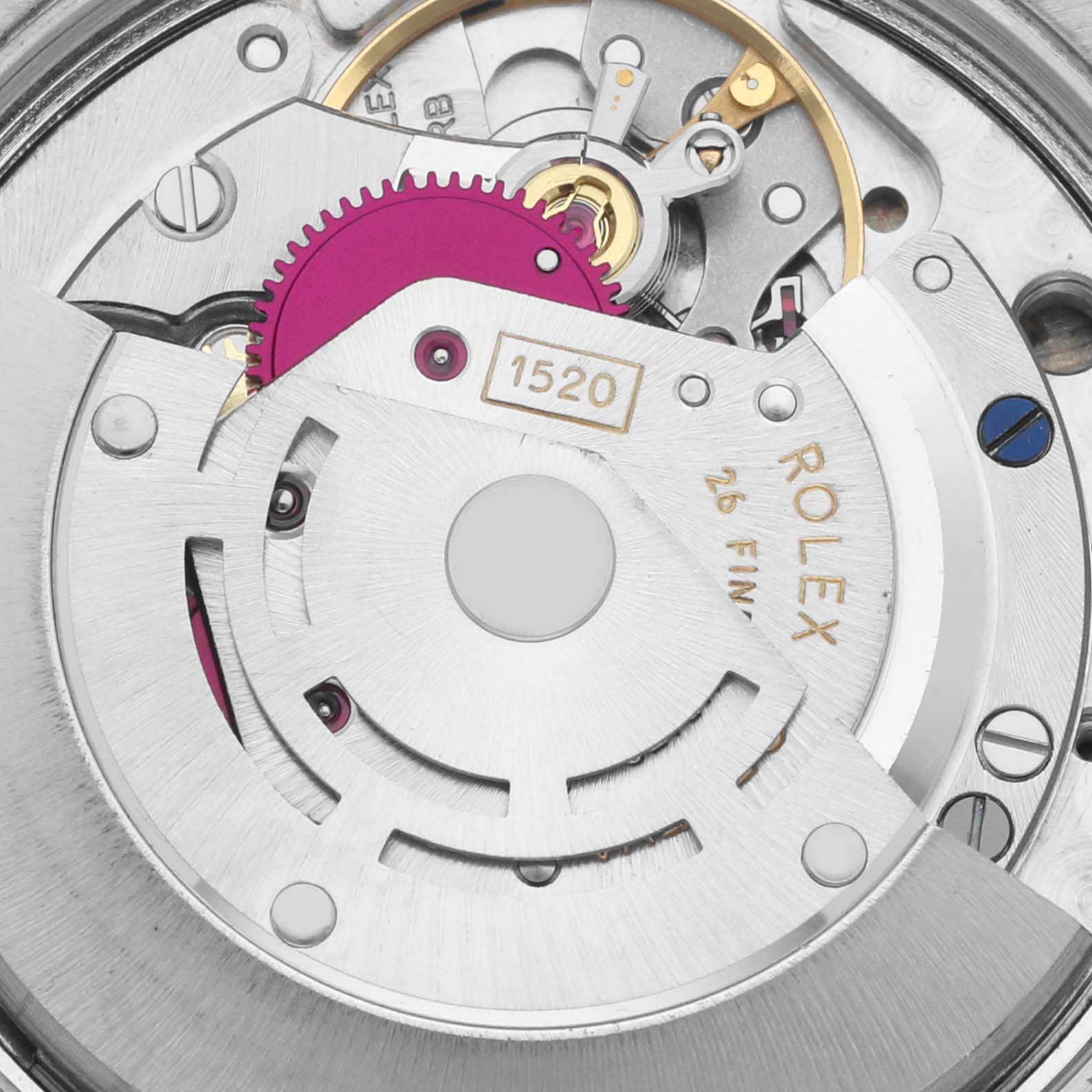 This image shows the movement of a Rolex Vintage Collection 5500 Men's Stainless Steel Silver Dial 5500 Men's Stainless Steel Silver Dial model from an overhead angle, highlighting intricate components.