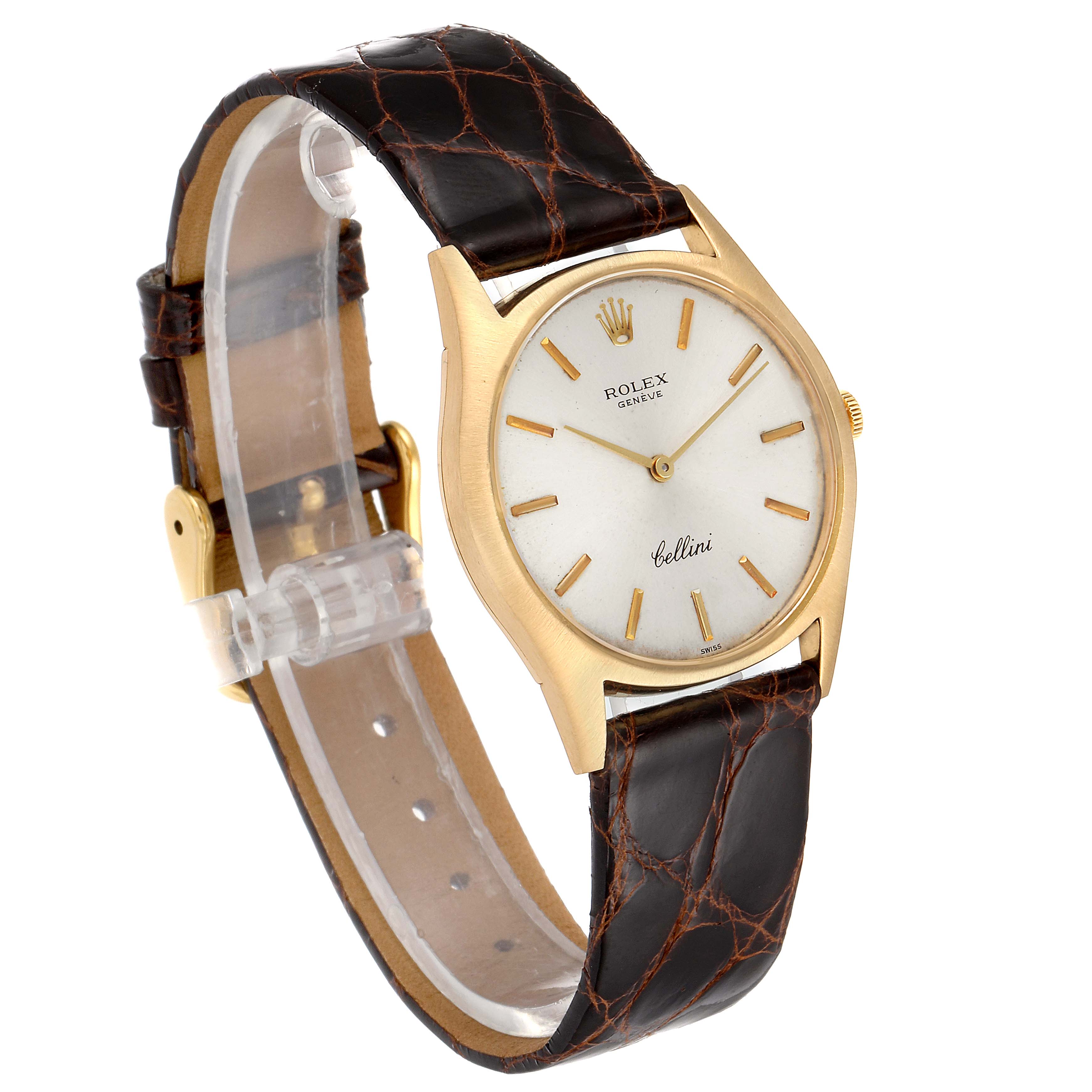 This image shows a Rolex Cellini 3804 Men's Yellow Gold Silver Dial 3804 Men's Yellow Gold Silver Dial watch at a slight angle, displaying its face and brown leather strap.