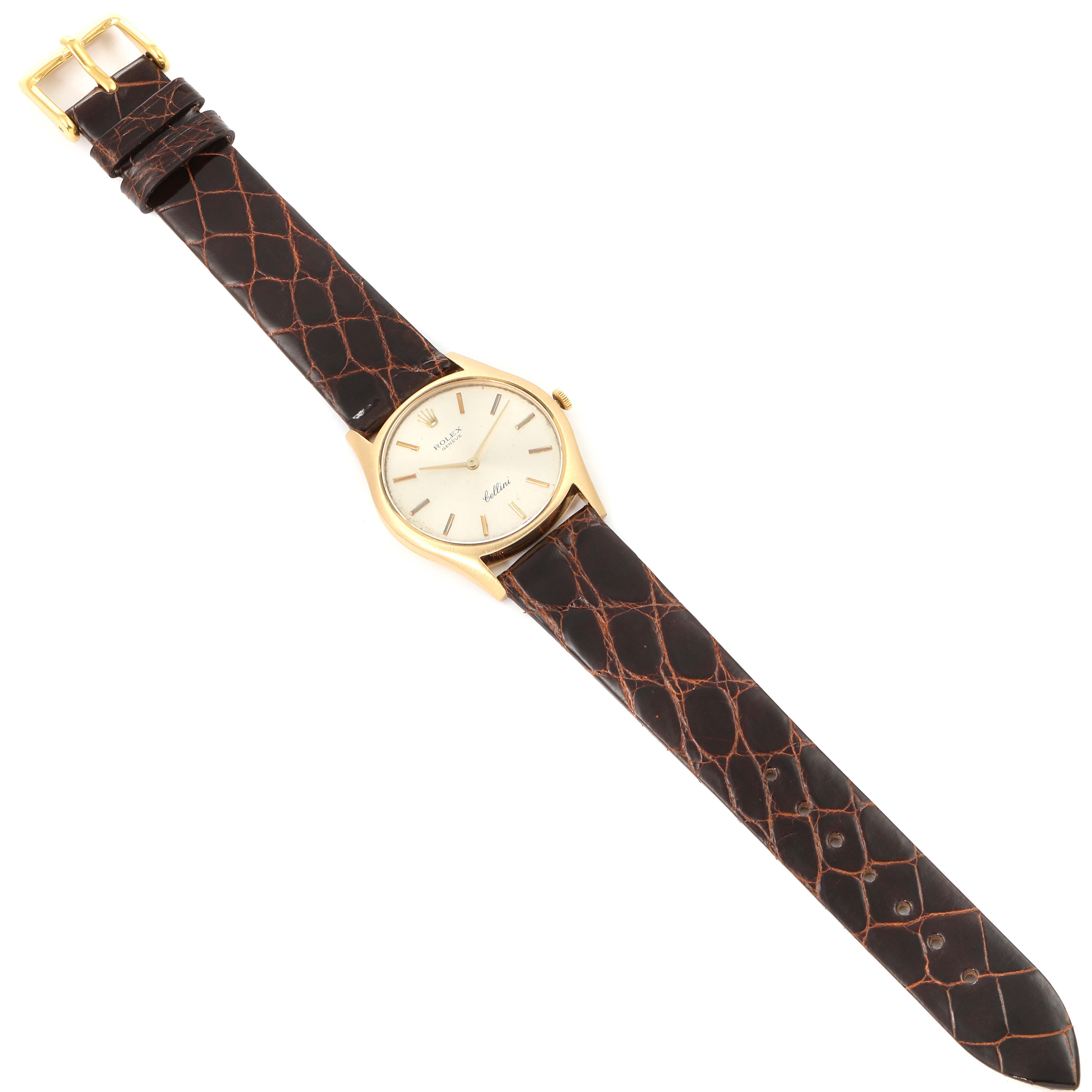 The Rolex Cellini 3804 Men's Yellow Gold Silver Dial 3804 Men's Yellow Gold Silver Dial watch is shown from the top view, displaying the dial, case, and the entire leather strap.