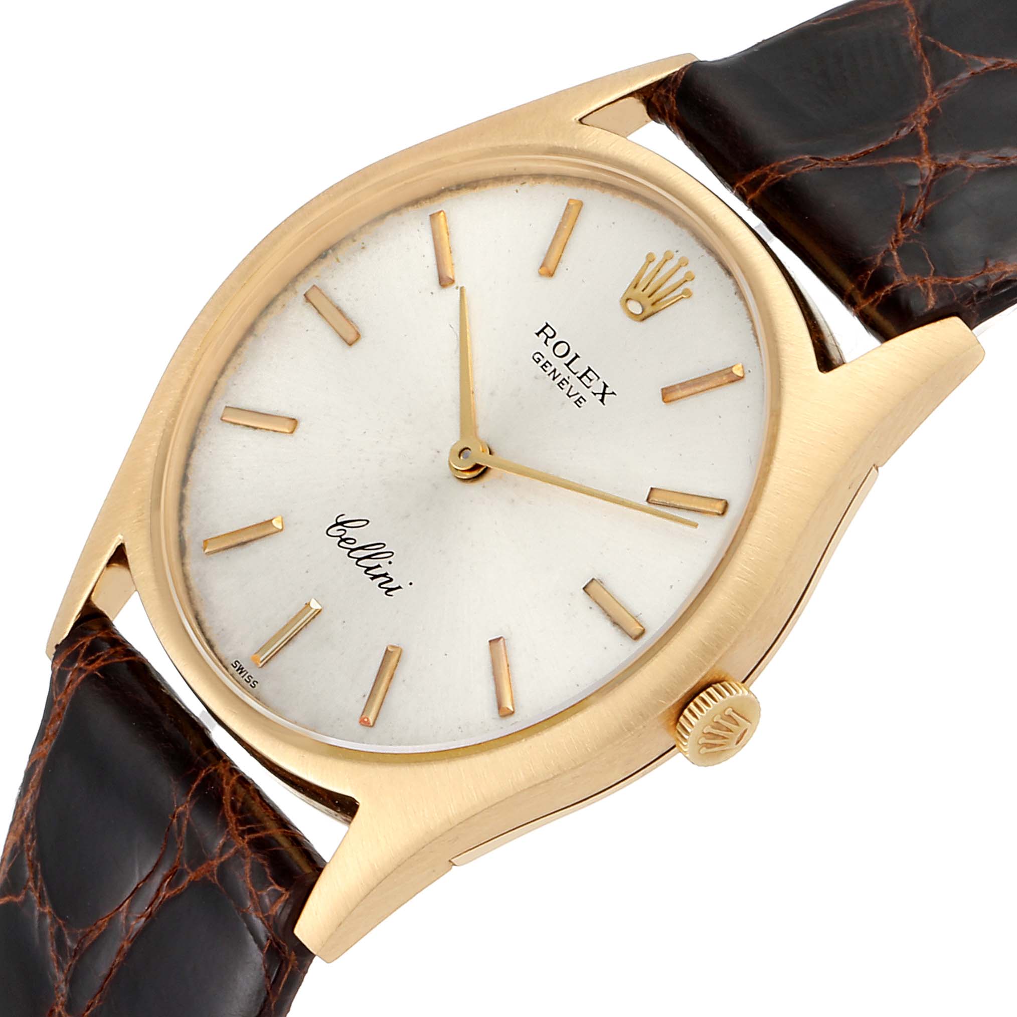 This image shows the front and side of a Rolex Cellini 3804 Men's Yellow Gold Silver Dial 3804 Men's Yellow Gold Silver Dial watch, including the dial, hands, crown, and leather strap.