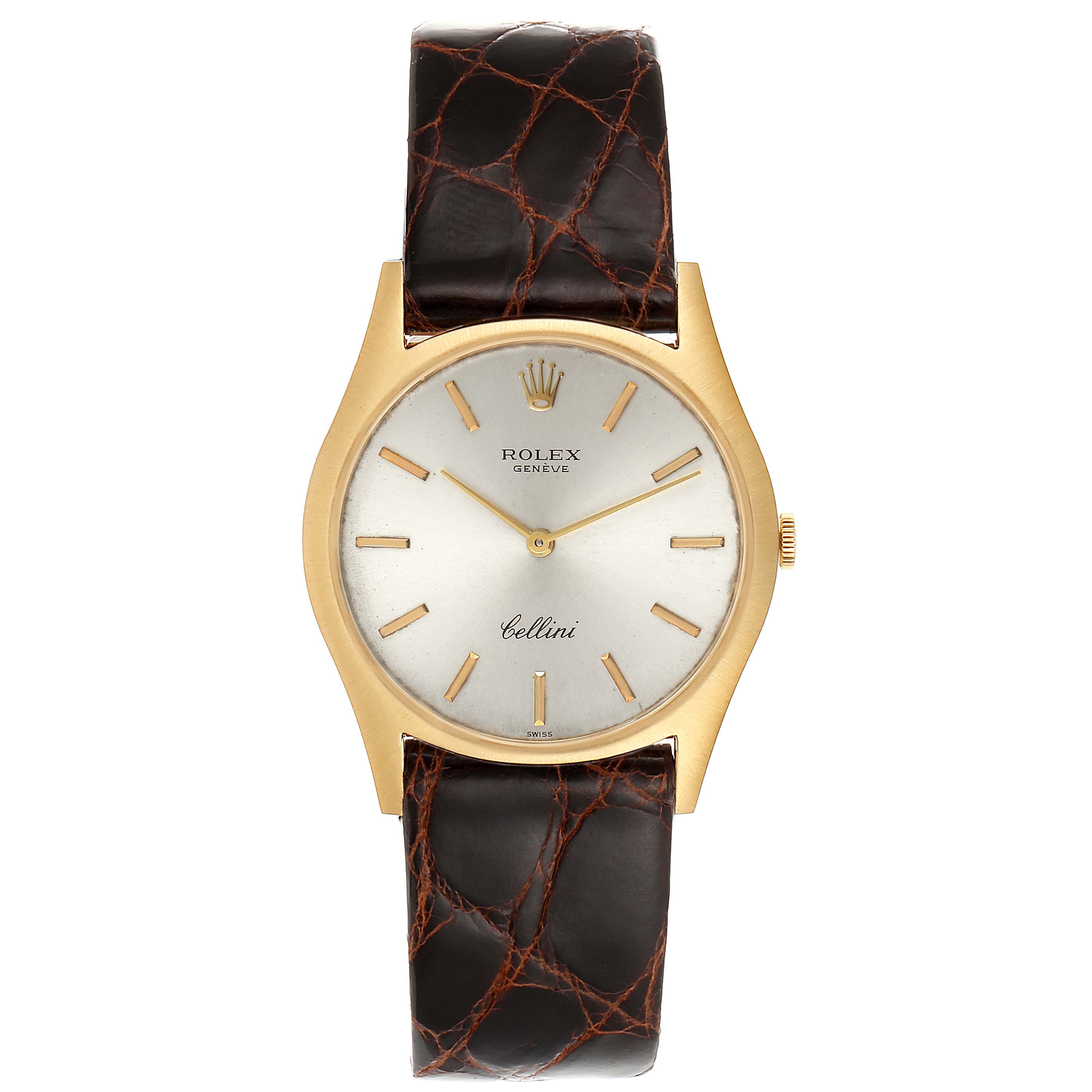 The image shows a frontal view of a Rolex Cellini 3804 Men's Yellow Gold Silver Dial 3804 Men's Yellow Gold Silver Dial model watch with a leather strap and a gold case.