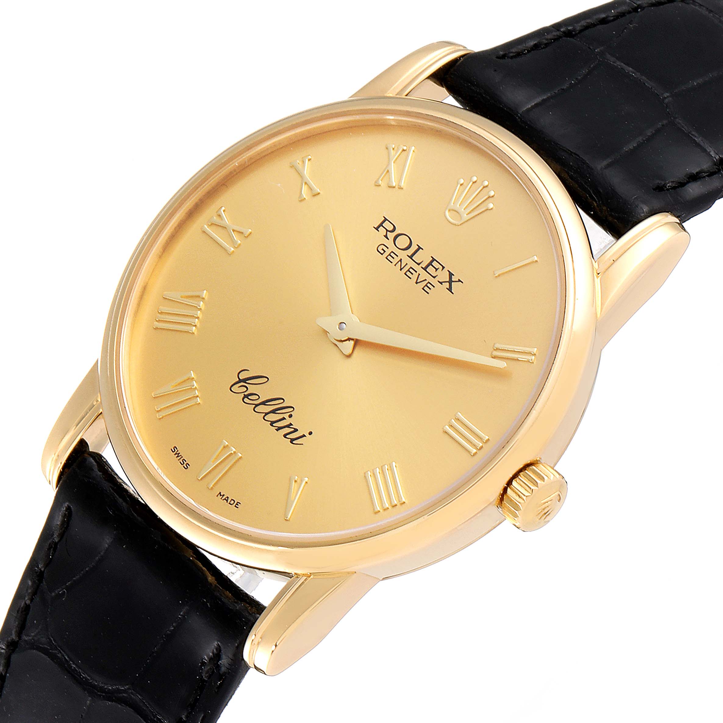 The Rolex Cellini 5116 Men's Yellow Gold Champagne Dial 5116 Men's Yellow Gold Champagne Dial watch is shown from a three-quarter angle, highlighting its gold case, crown, dial, and black leather strap.