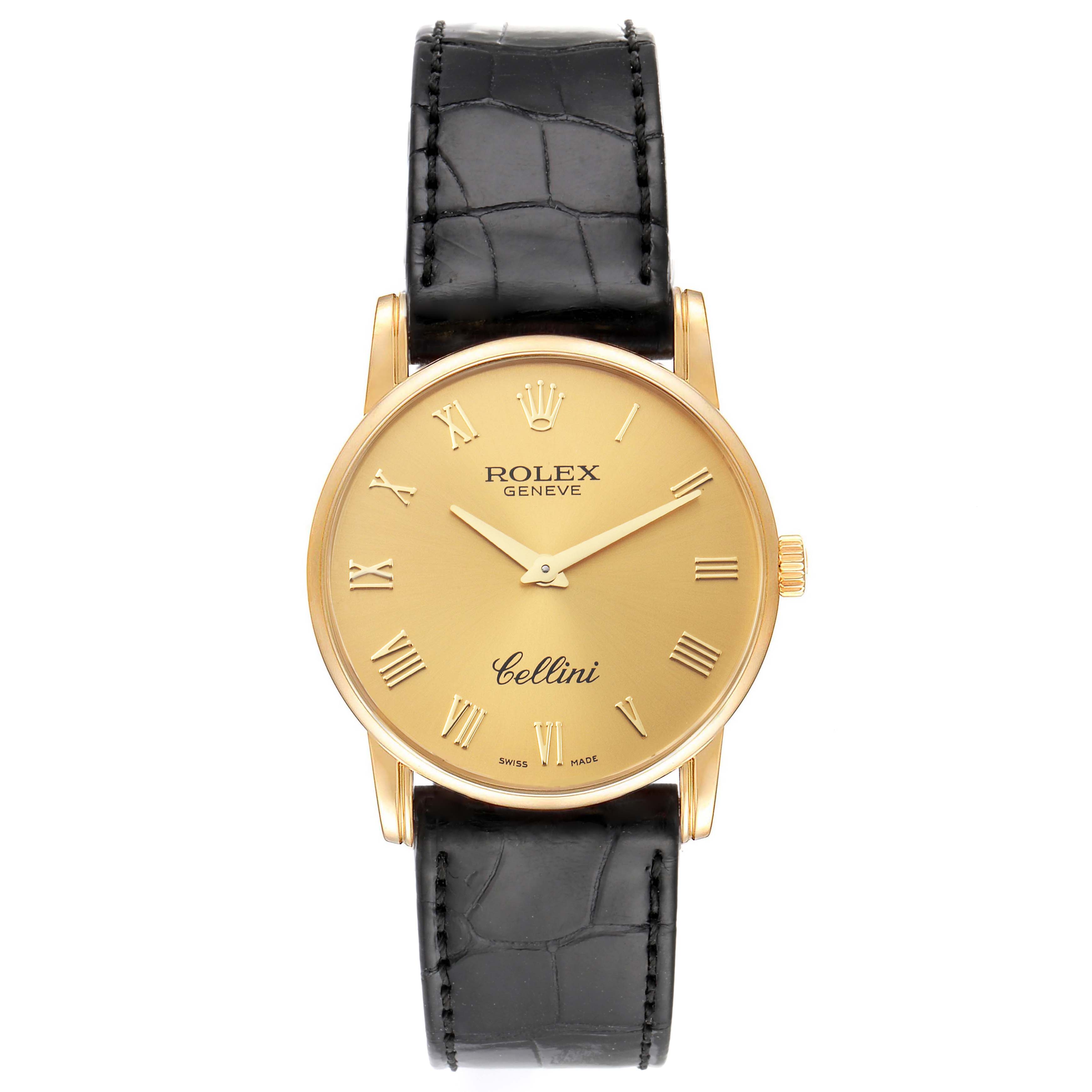 The image shows a Rolex Cellini 5116 Men's Yellow Gold Champagne Dial 5116 Men's Yellow Gold Champagne Dial watch face and strap from a front view.