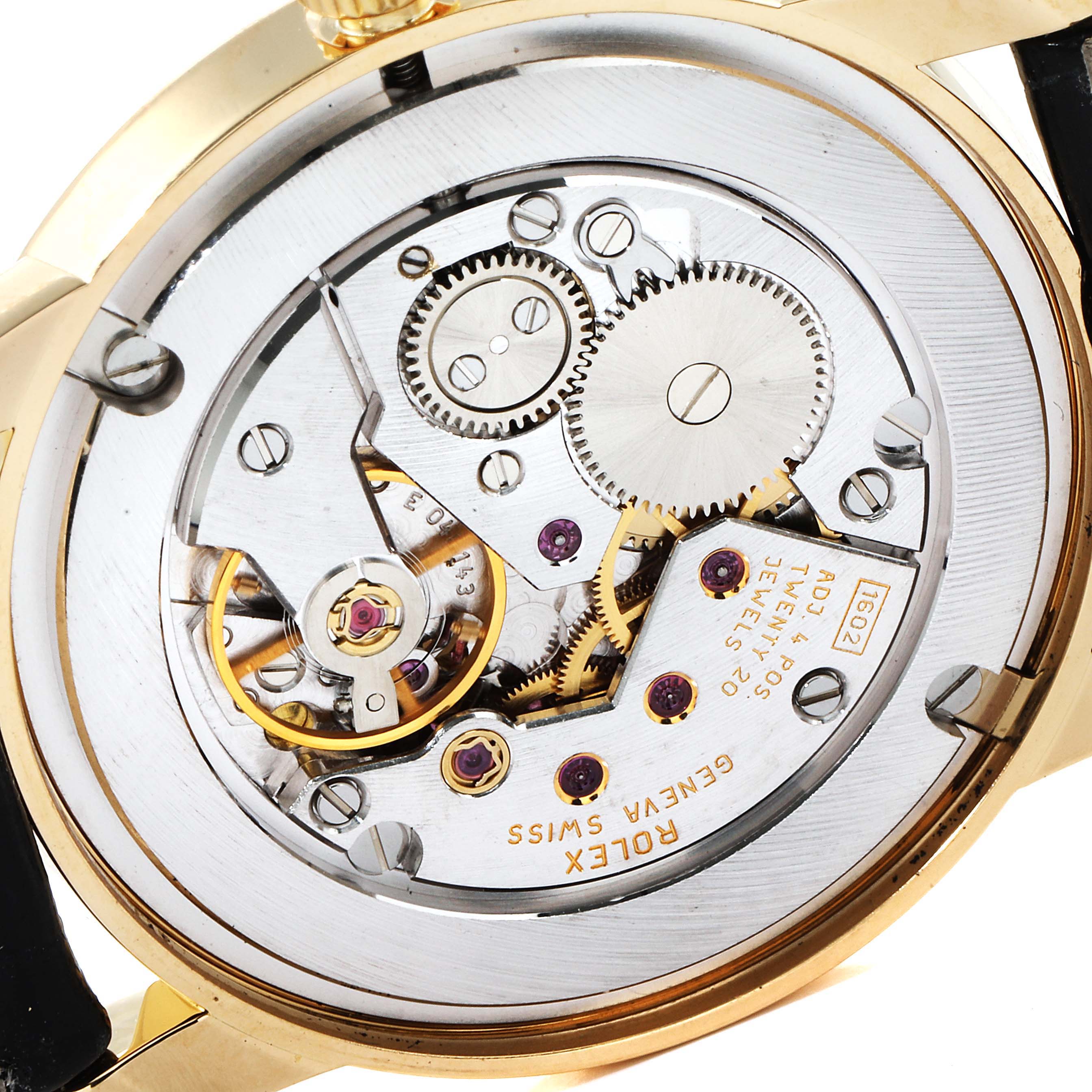 This image shows the movement and inner mechanics of a Rolex Cellini 5116 Men's Yellow Gold Champagne Dial 5116 Men's Yellow Gold Champagne Dial watch from a rear angle.