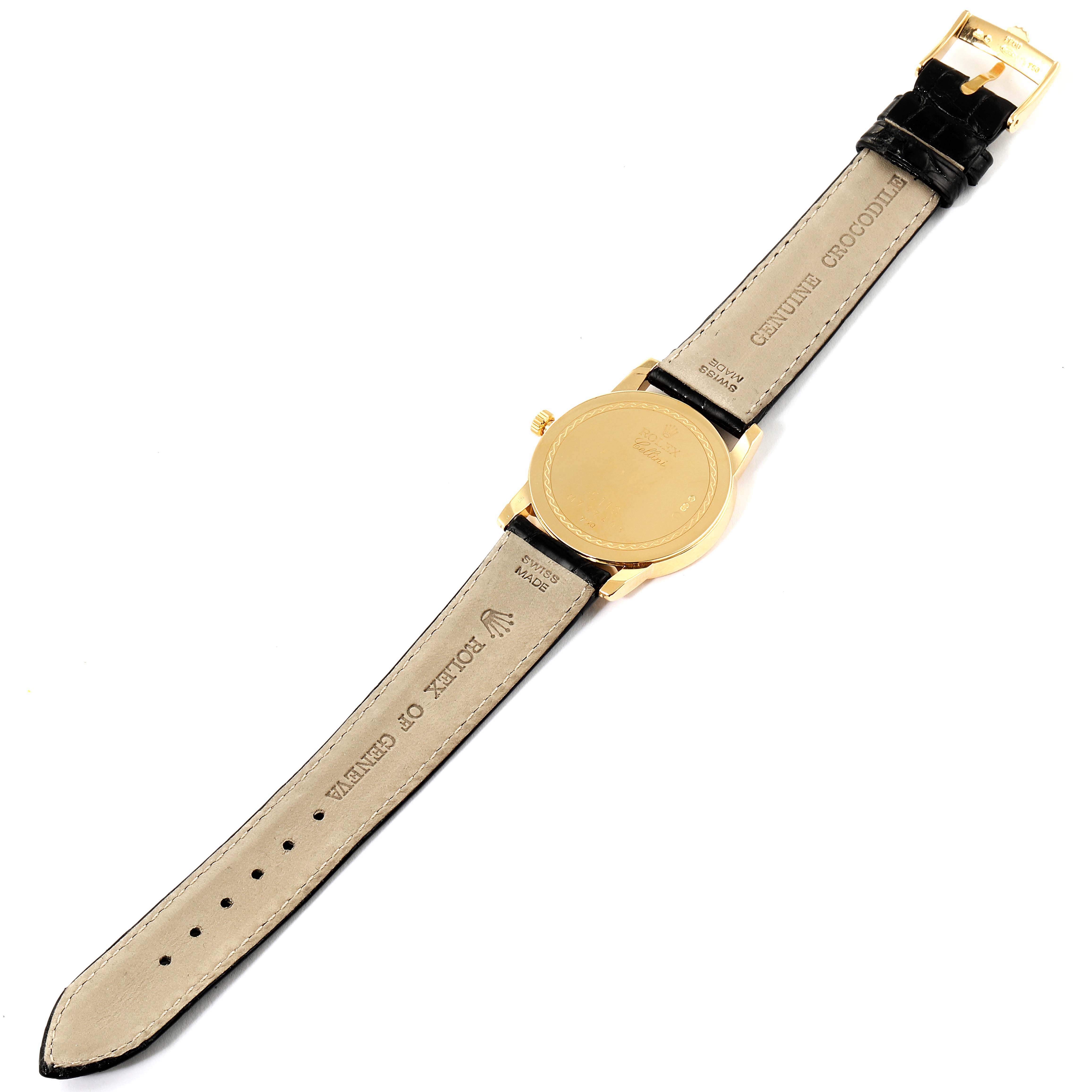 The image shows the back view of a Rolex Cellini 5116 Men's Yellow Gold Champagne Dial 5116 Men's Yellow Gold Champagne Dial watch, highlighting the back case, straps, and buckle.