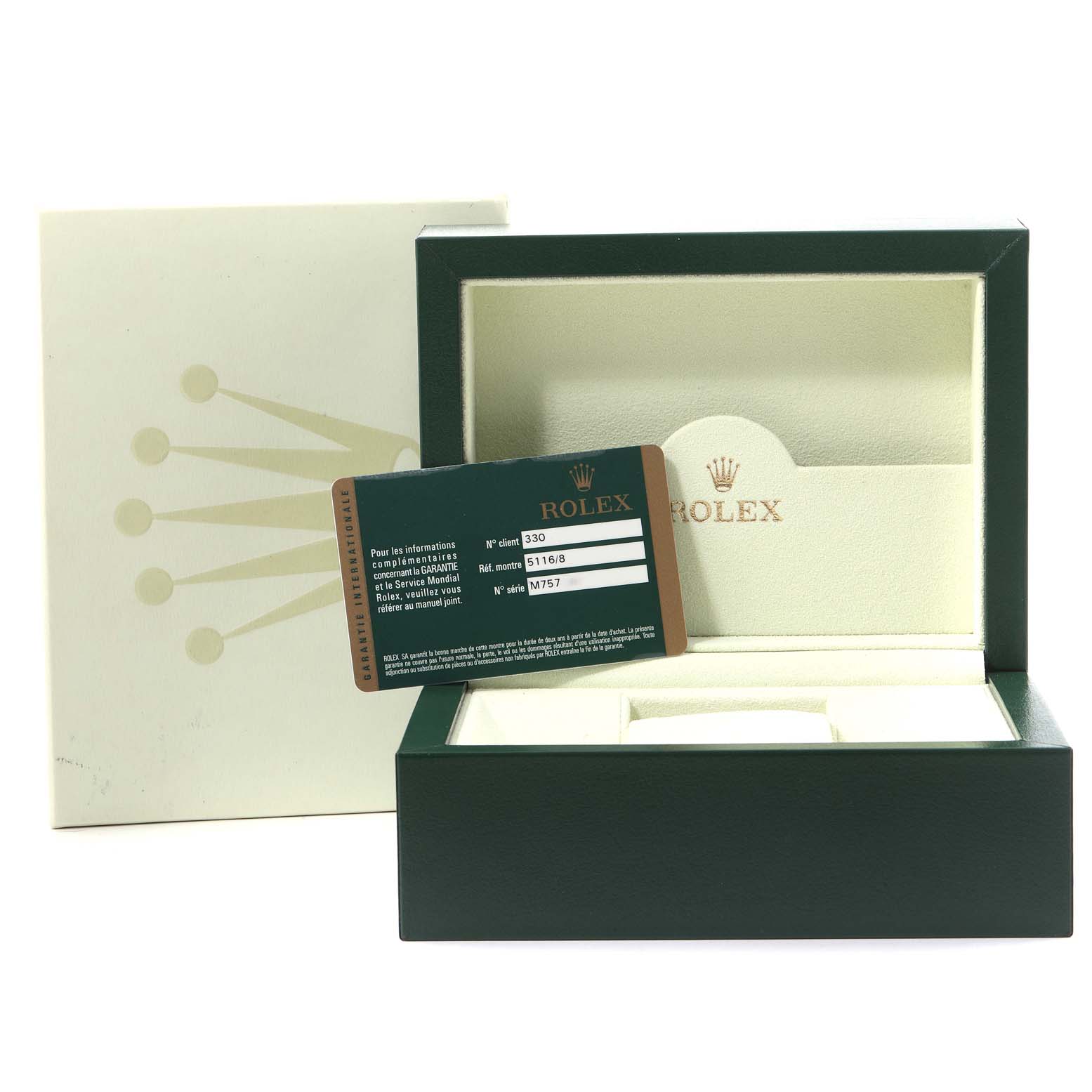 The image shows the packaging and authenticity card for a Rolex Cellini 5116 Men's Yellow Gold Champagne Dial 5116 Men's Yellow Gold Champagne Dial watch from a front angle.