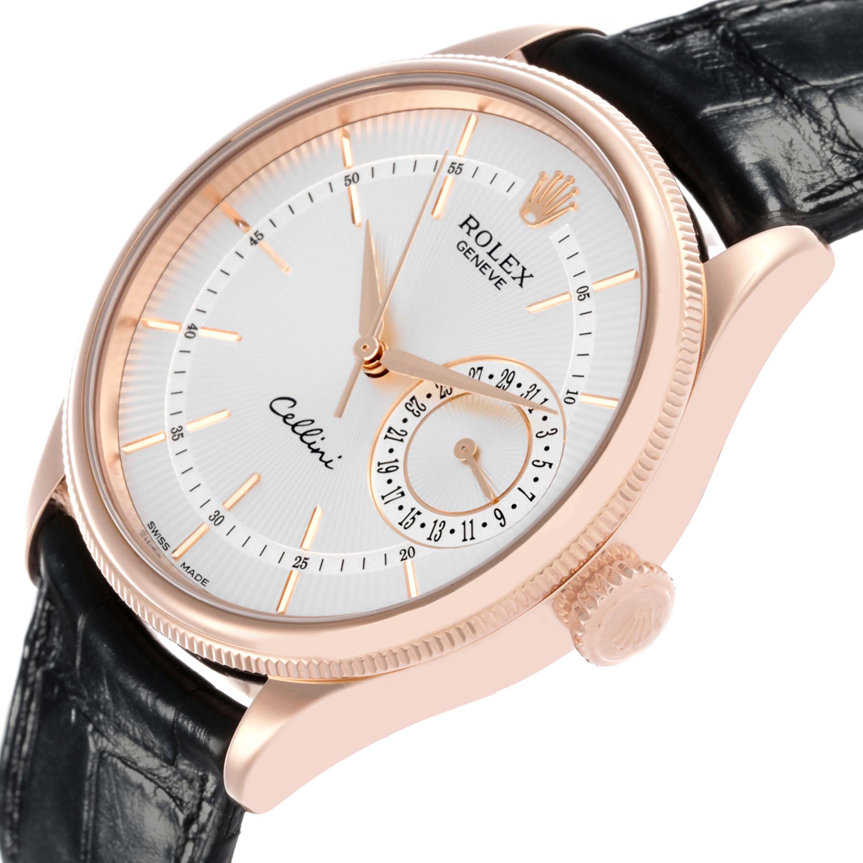 The Rolex Cellini 50515 Men's Rose Gold Silver Dial 50515 Men's Rose Gold Silver Dial watch is shown at an angle highlighting its dial, crown, and part of its leather strap.