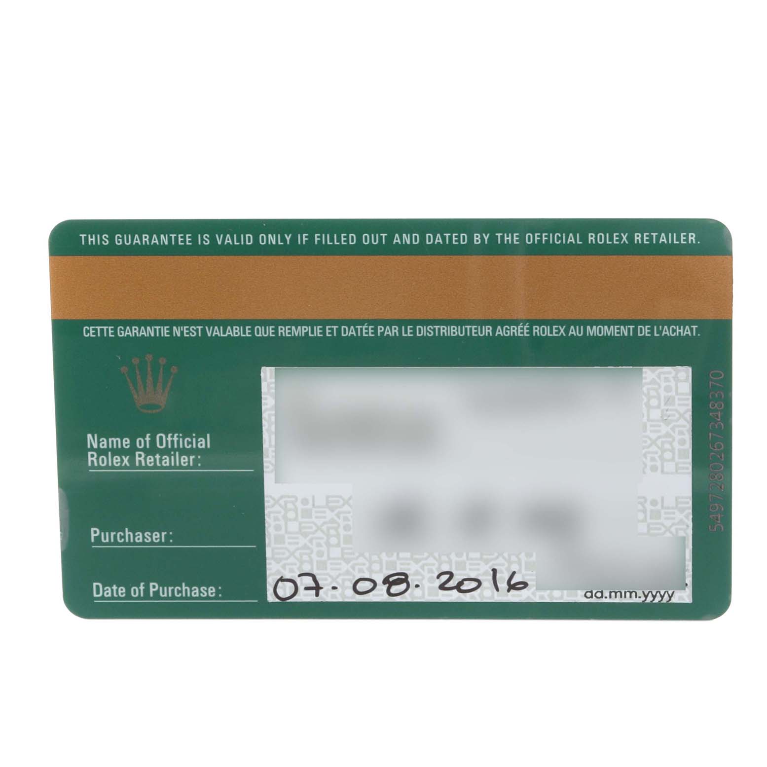 This image shows a guarantee card for a Rolex Cellini 50515 Men's Rose Gold Silver Dial 50515 Men's Rose Gold Silver Dial watch, viewed from the front.