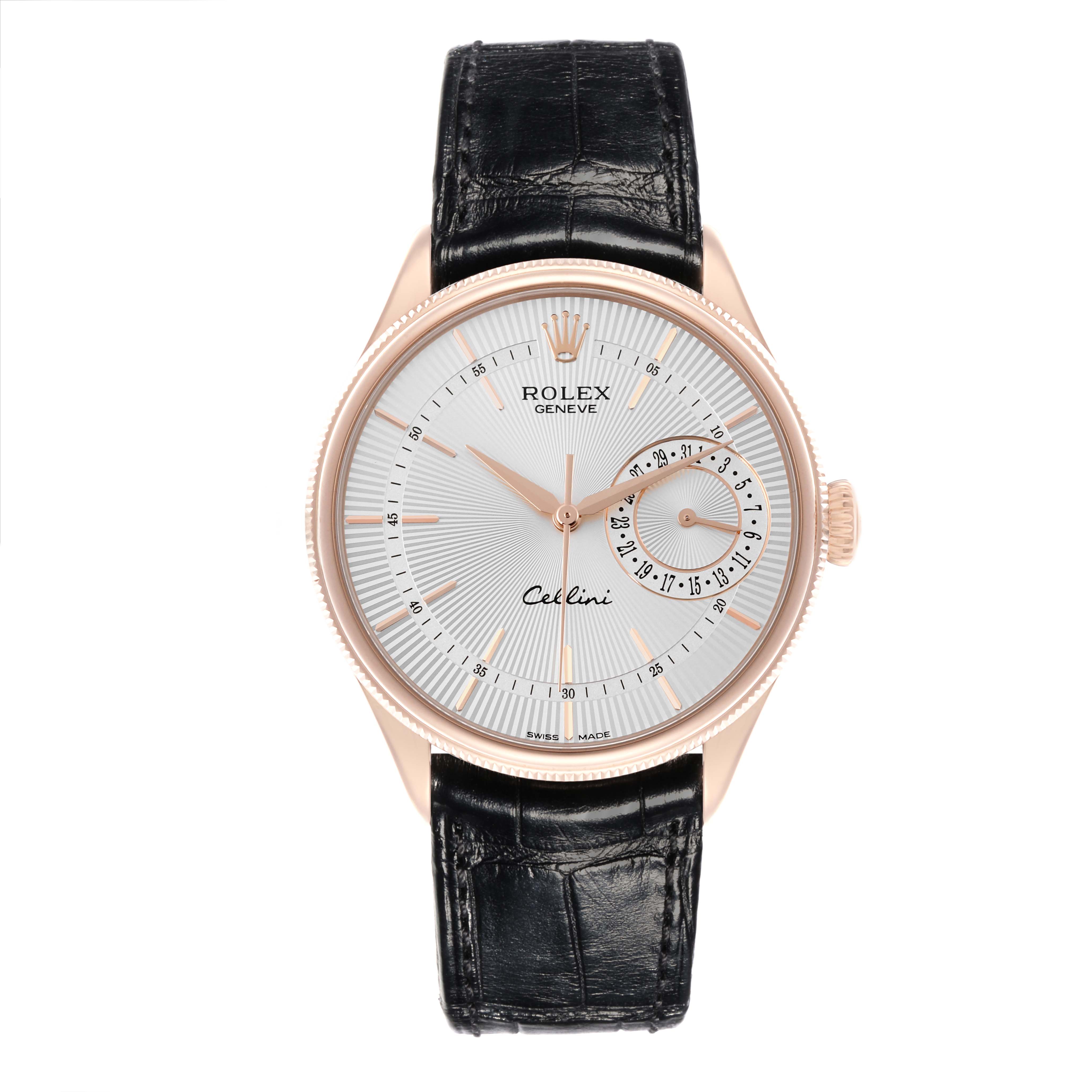 The Rolex Cellini 50515 Men's Rose Gold Silver Dial 50515 Men's Rose Gold Silver Dial watch is shown from a top-down angle, highlighting its face, strap, and crown.