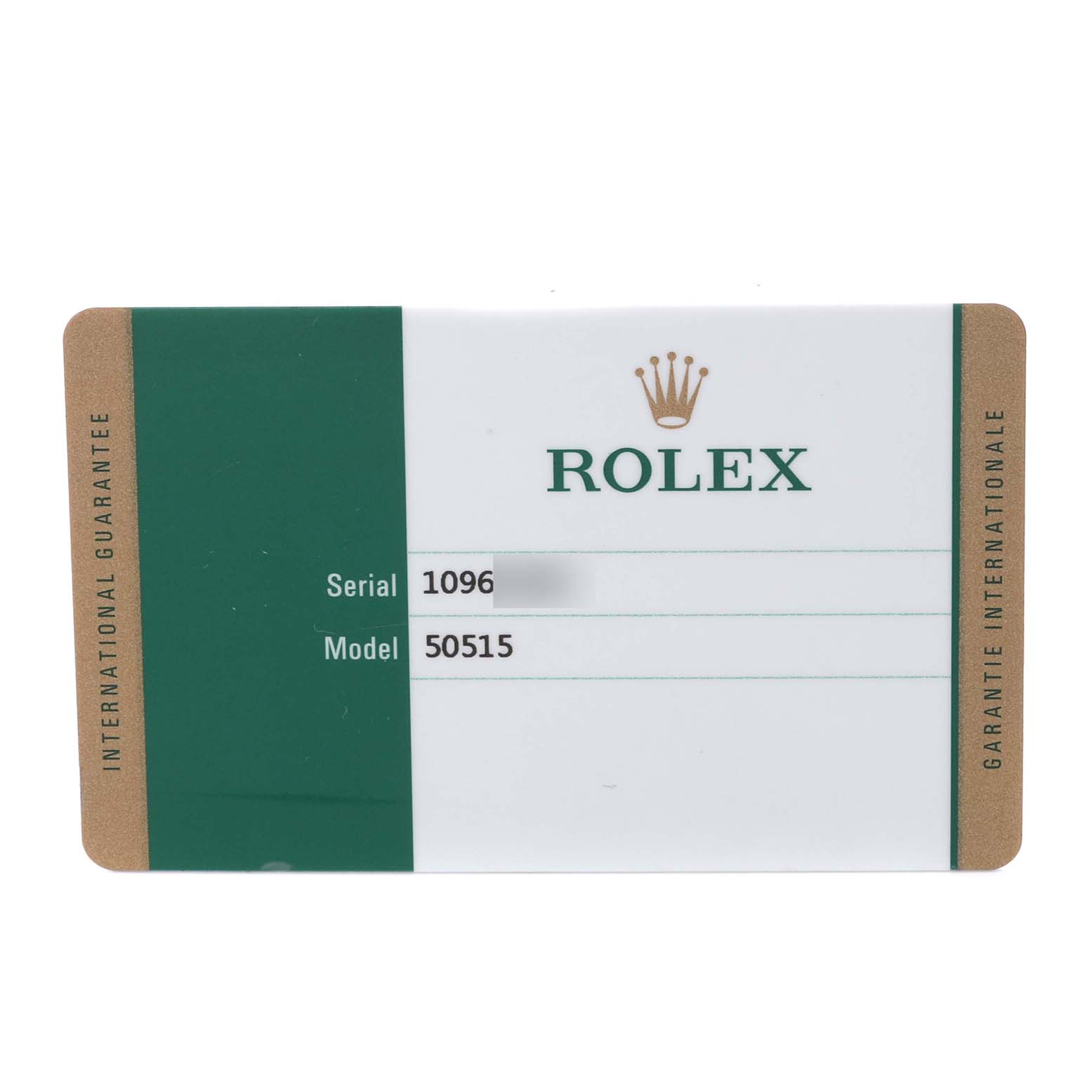 This image shows a Rolex Cellini 50515 Men's Rose Gold Silver Dial 50515 Men's Rose Gold Silver Dial guarantee card, displaying the serial and model numbers.