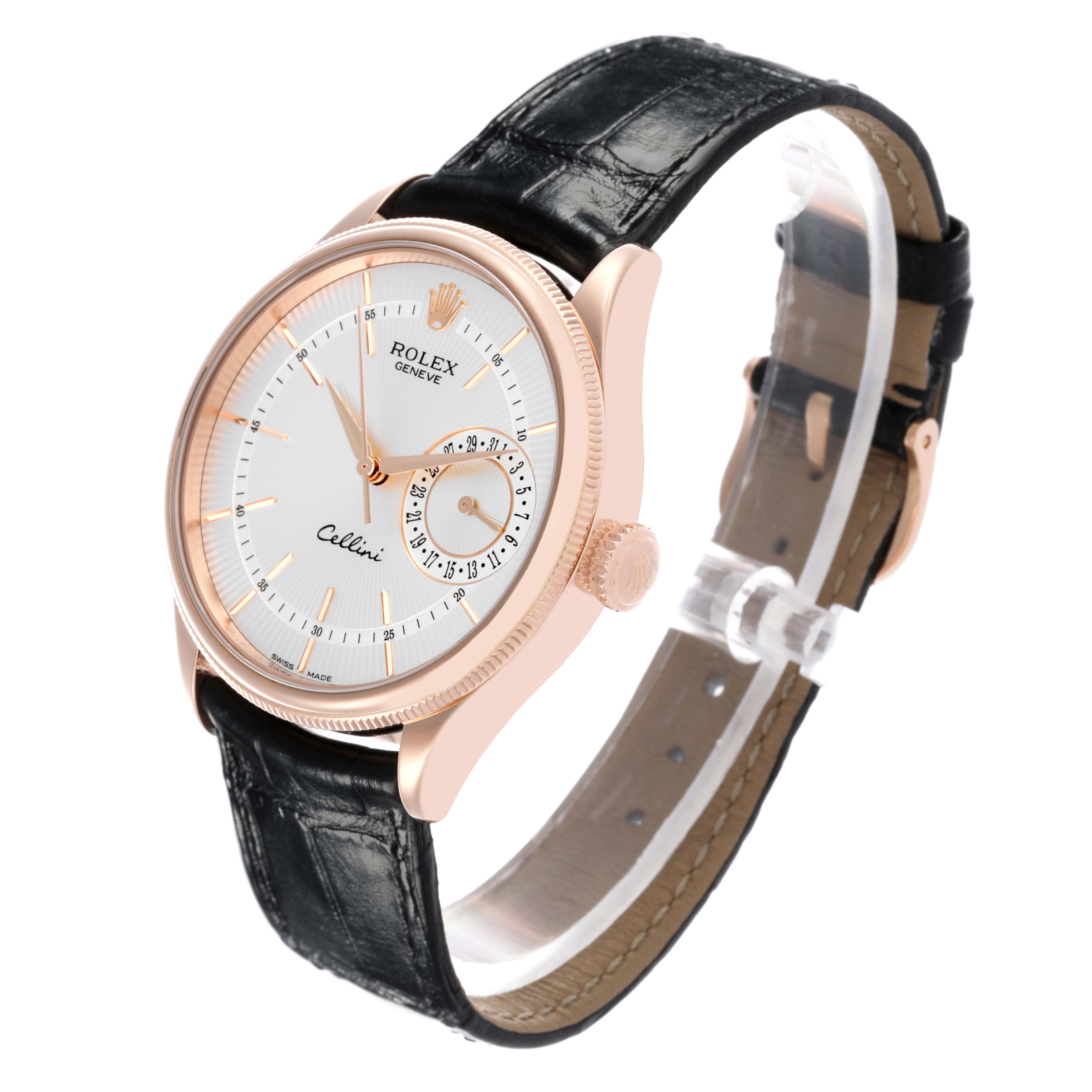 The Rolex Cellini 50515 Men's Rose Gold Silver Dial 50515 Men's Rose Gold Silver Dial watch is shown at a 3/4 angle, displaying the dial, crown, case, and leather strap.