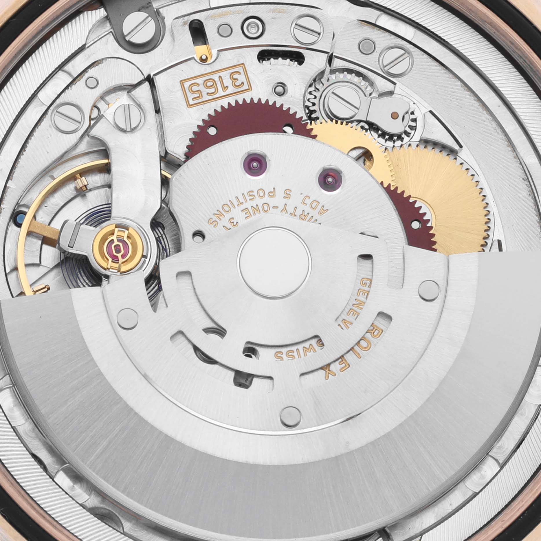 The image shows the Rolex Cellini 50515 Men's Rose Gold Silver Dial 50515 Men's Rose Gold Silver Dial watch movement from a top-down angle, highlighting gears and mechanical parts.