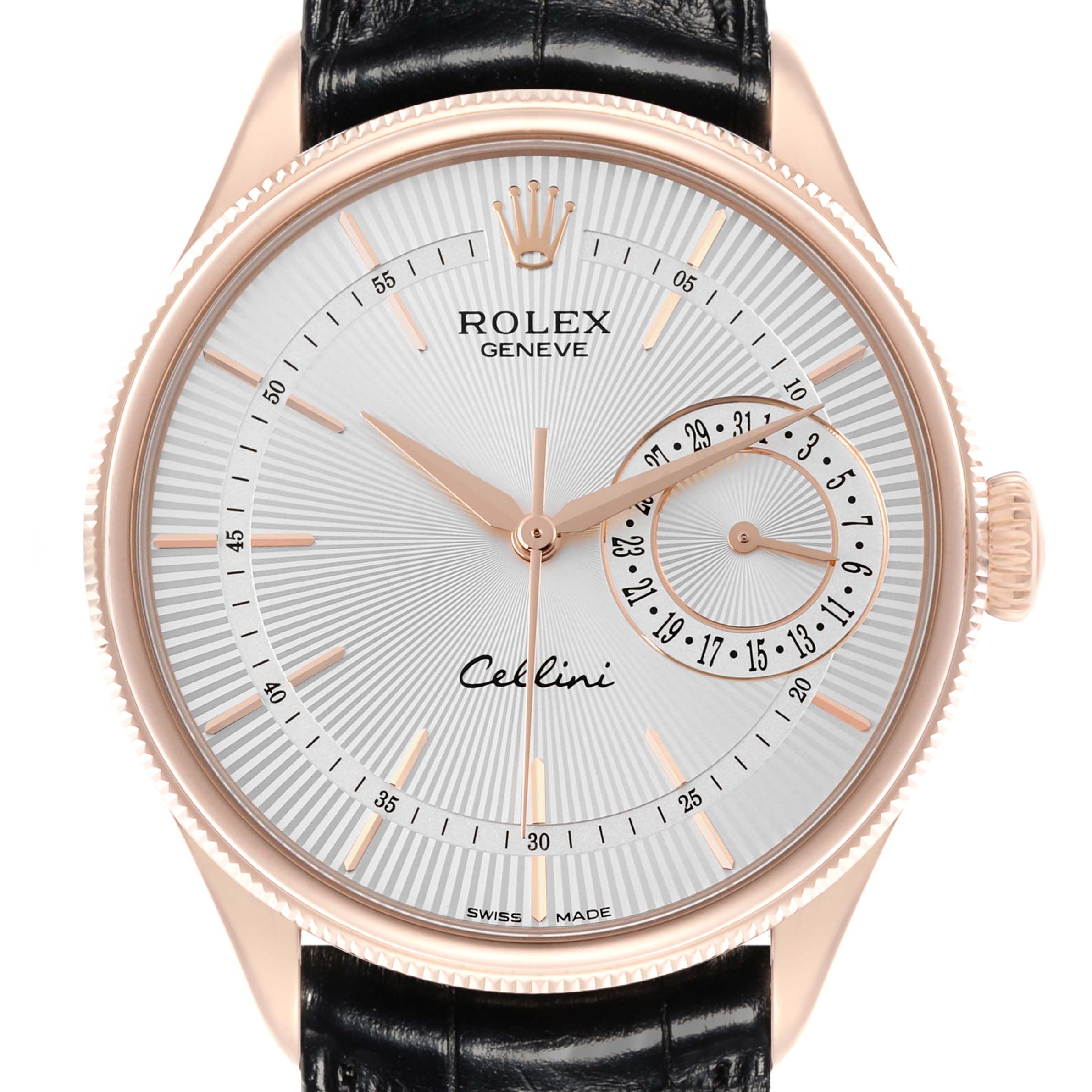 The image shows a front view of a Rolex Cellini 50515 Men's Rose Gold Silver Dial 50515 Men's Rose Gold Silver Dial watch, displaying its face, crown, and black leather strap.
