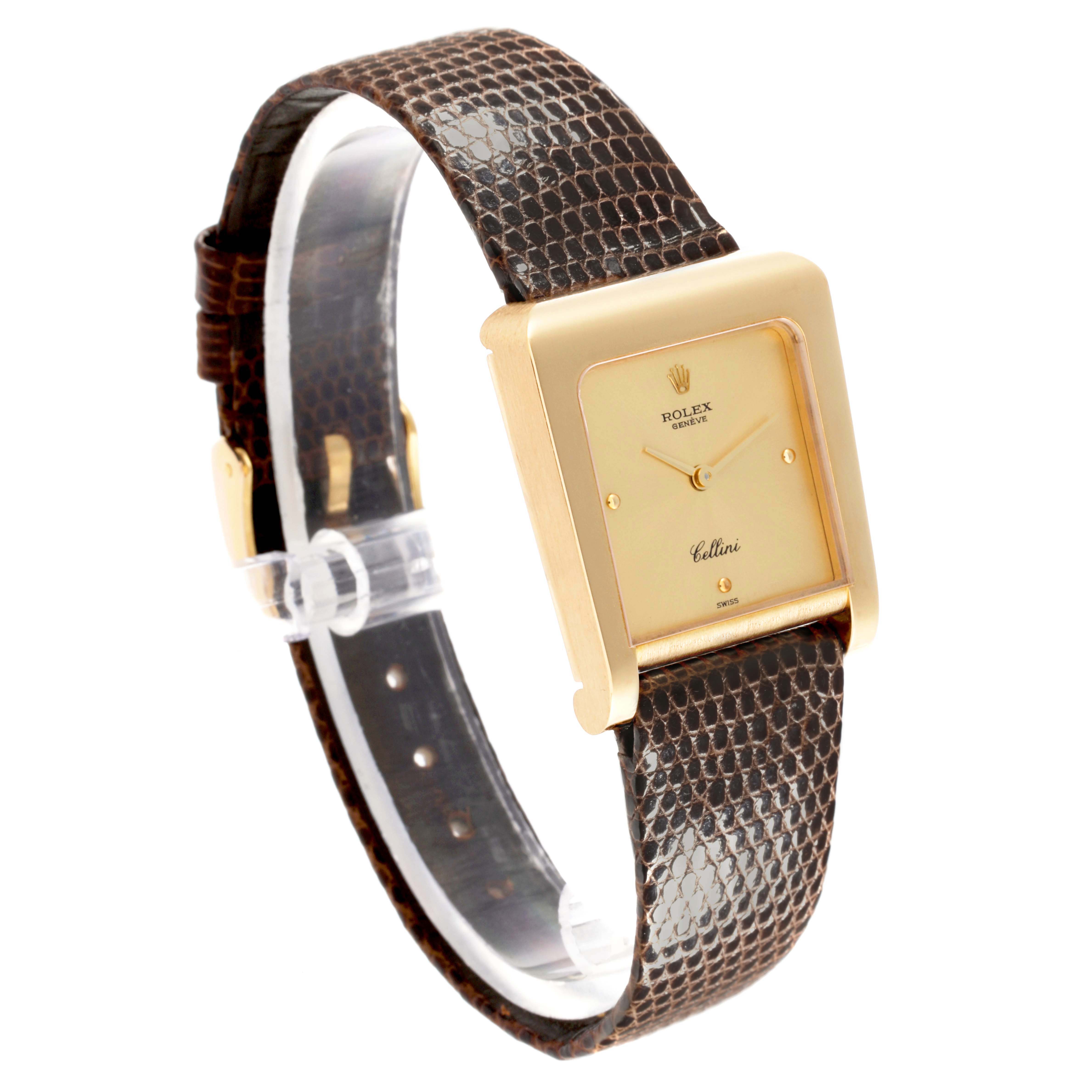 The Rolex Vintage Collection 4100 Men's Yellow Gold Champagne Dial 4100 Men's Yellow Gold Champagne Dial model is shown at a slight angle, displaying the face and brown lizard strap clearly.