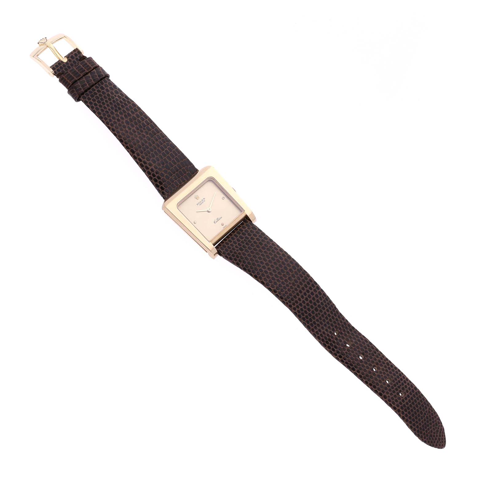 The Rolex Vintage Collection 4100 Men's Yellow Gold Champagne Dial 4100 Men's Yellow Gold Champagne Dial watch is shown from a top-down angle, displaying the square face and brown leather strap.