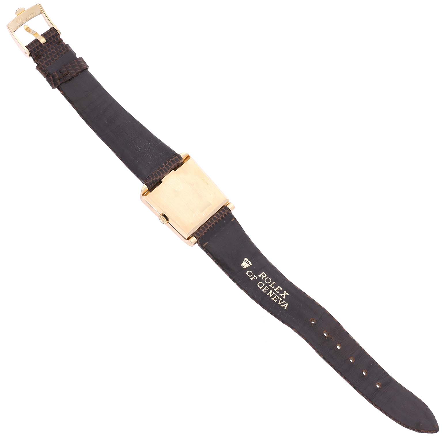 The Rolex Vintage Collection 4100 Men's Yellow Gold Champagne Dial 4100 Men's Yellow Gold Champagne Dial watch is shown from the back, highlighting the leather strap and clasp.