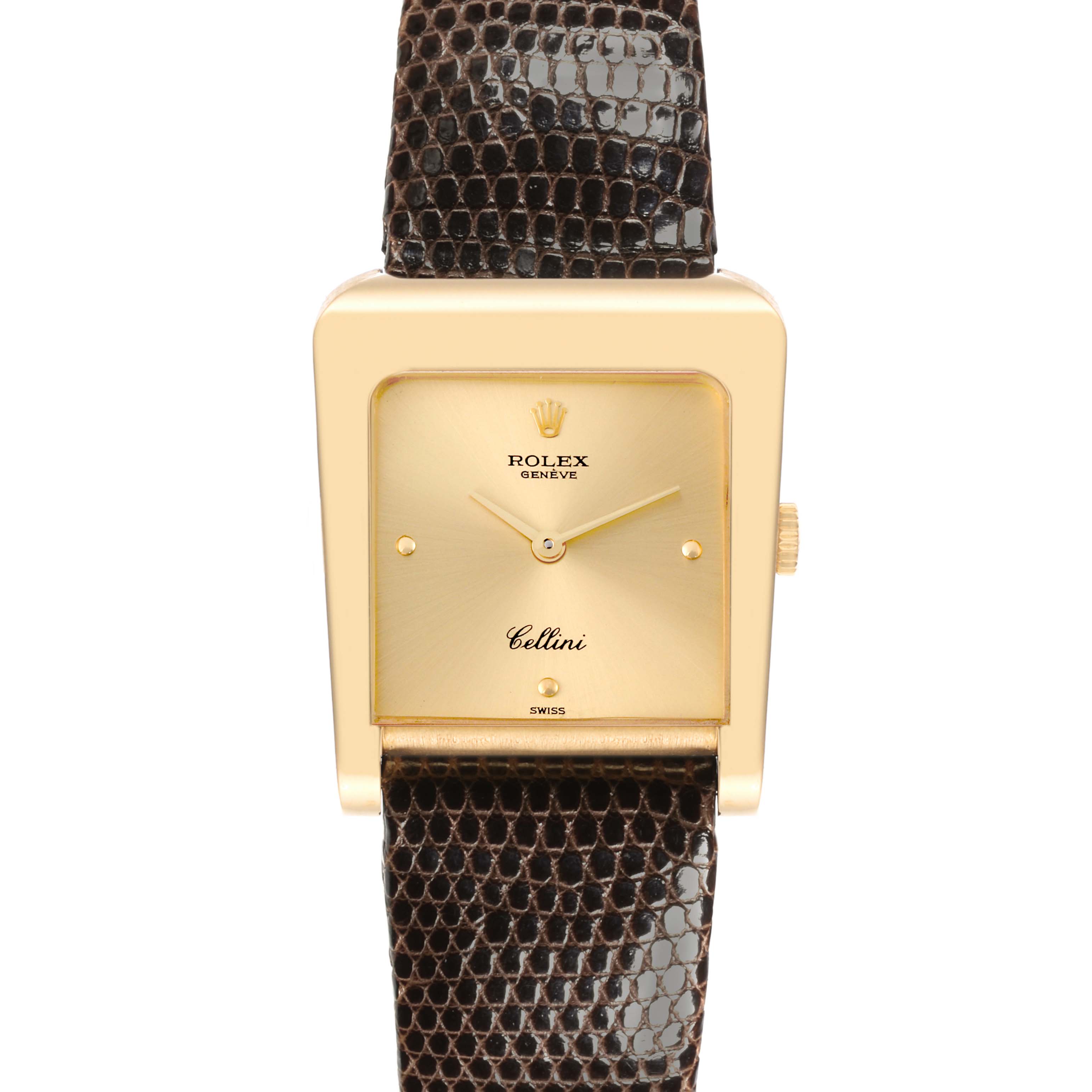 The Rolex Vintage Collection 4100 Men's Yellow Gold Champagne Dial 4100 Men's Yellow Gold Champagne Dial watch is shown from a front angle, featuring its square gold dial and brown leather strap.