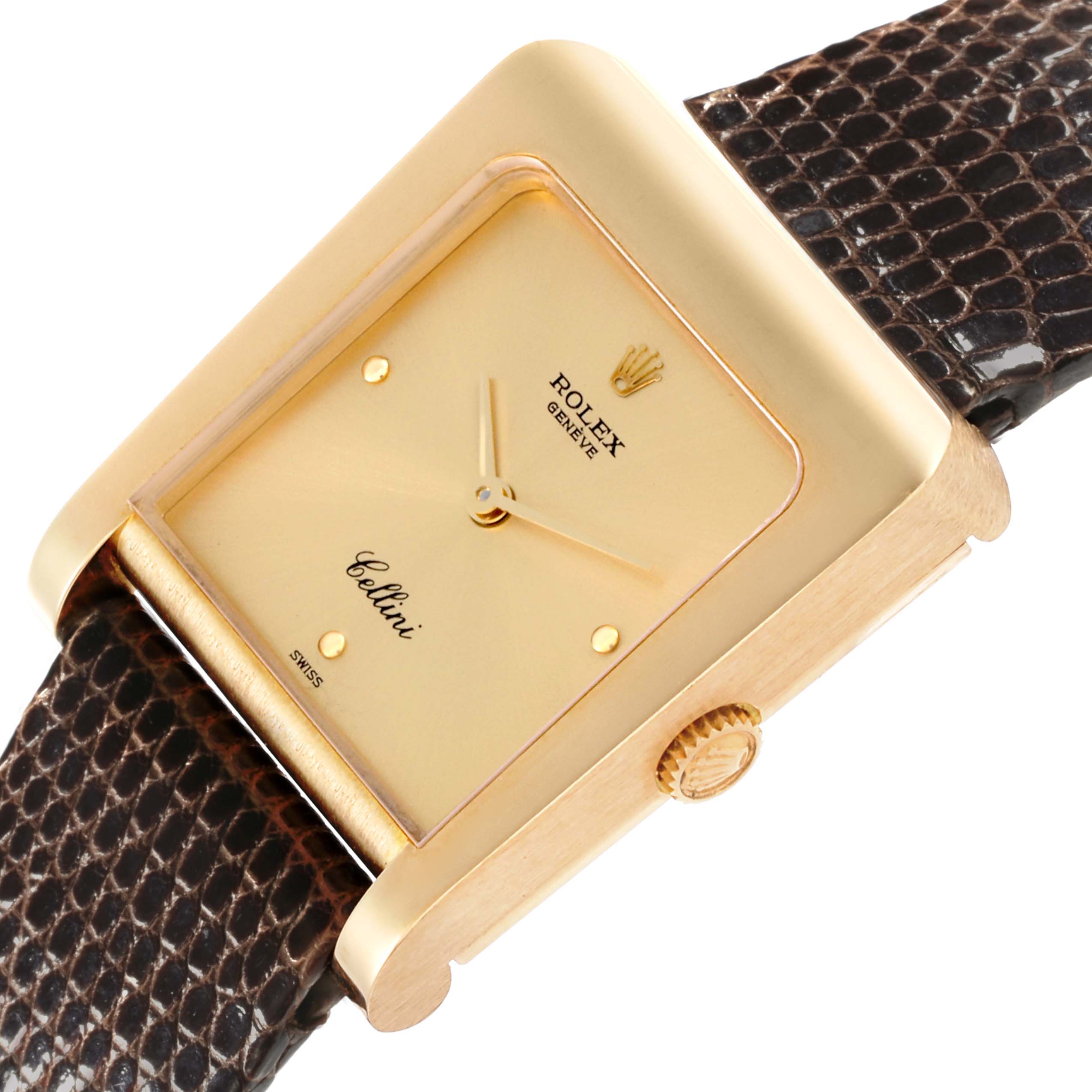 The Rolex Vintage Collection 4100 Men's Yellow Gold Champagne Dial 4100 Men's Yellow Gold Champagne Dial watch is shown at an angled close-up, highlighting its gold rectangular case, crown, and leather strap.