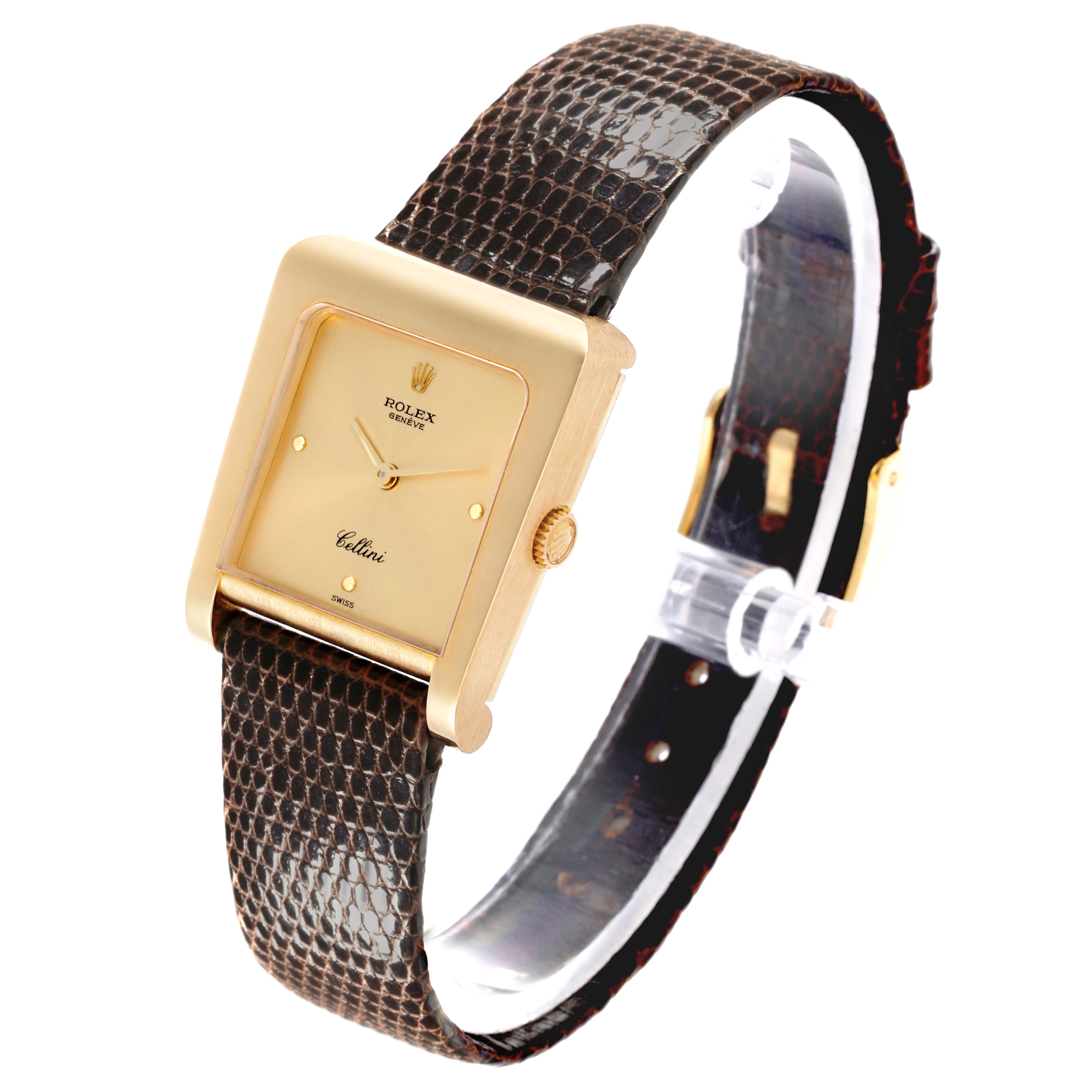 This image shows a side view of the Rolex Vintage Collection 4100 Men's Yellow Gold Champagne Dial 4100 Men's Yellow Gold Champagne Dial watch, featuring a gold rectangular case and textured brown strap.