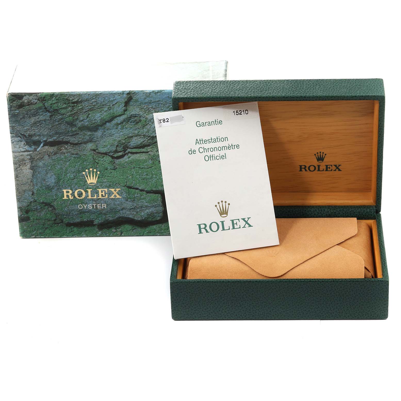 The image shows the packaging and documentation for a Rolex Date 15210 Men's Stainless Steel Black Dial 15210 Men's Stainless Steel Black Dial model watch, with the watch box open to reveal a certificate and case lining.