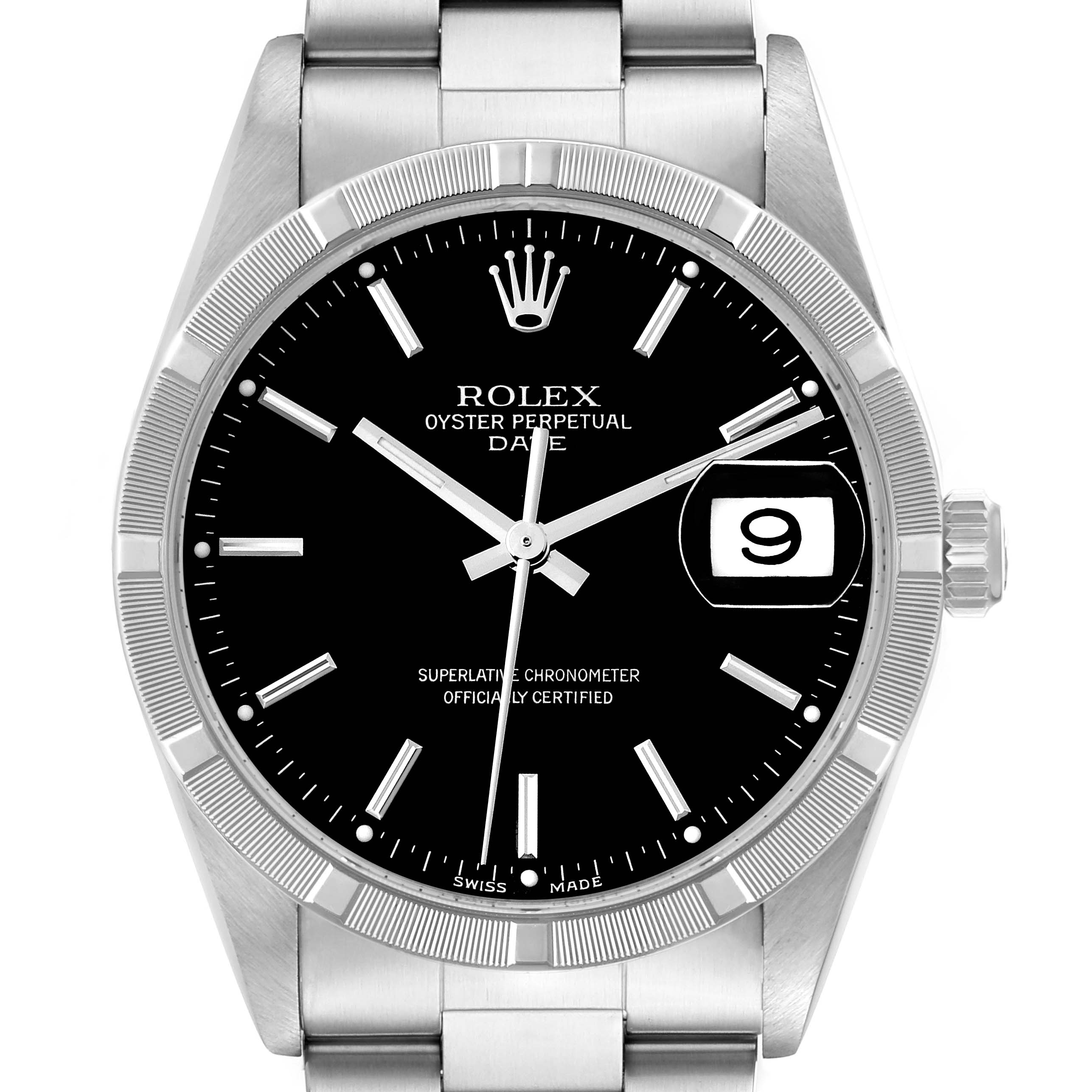 This Rolex Date 15210 Men's Stainless Steel Black Dial 15210 Men's Stainless Steel Black Dial model watch is shown from a front angle, displaying the dial, hands, date window, and part of the bracelet.